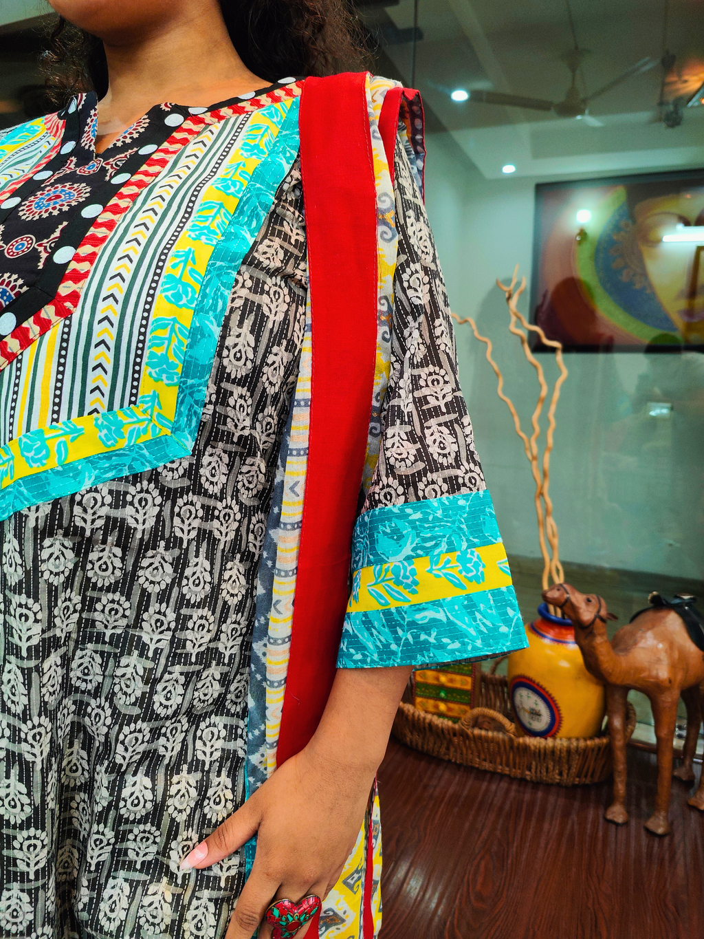 Black Handblock Multi Coloured Cotton Stitched Suit Set