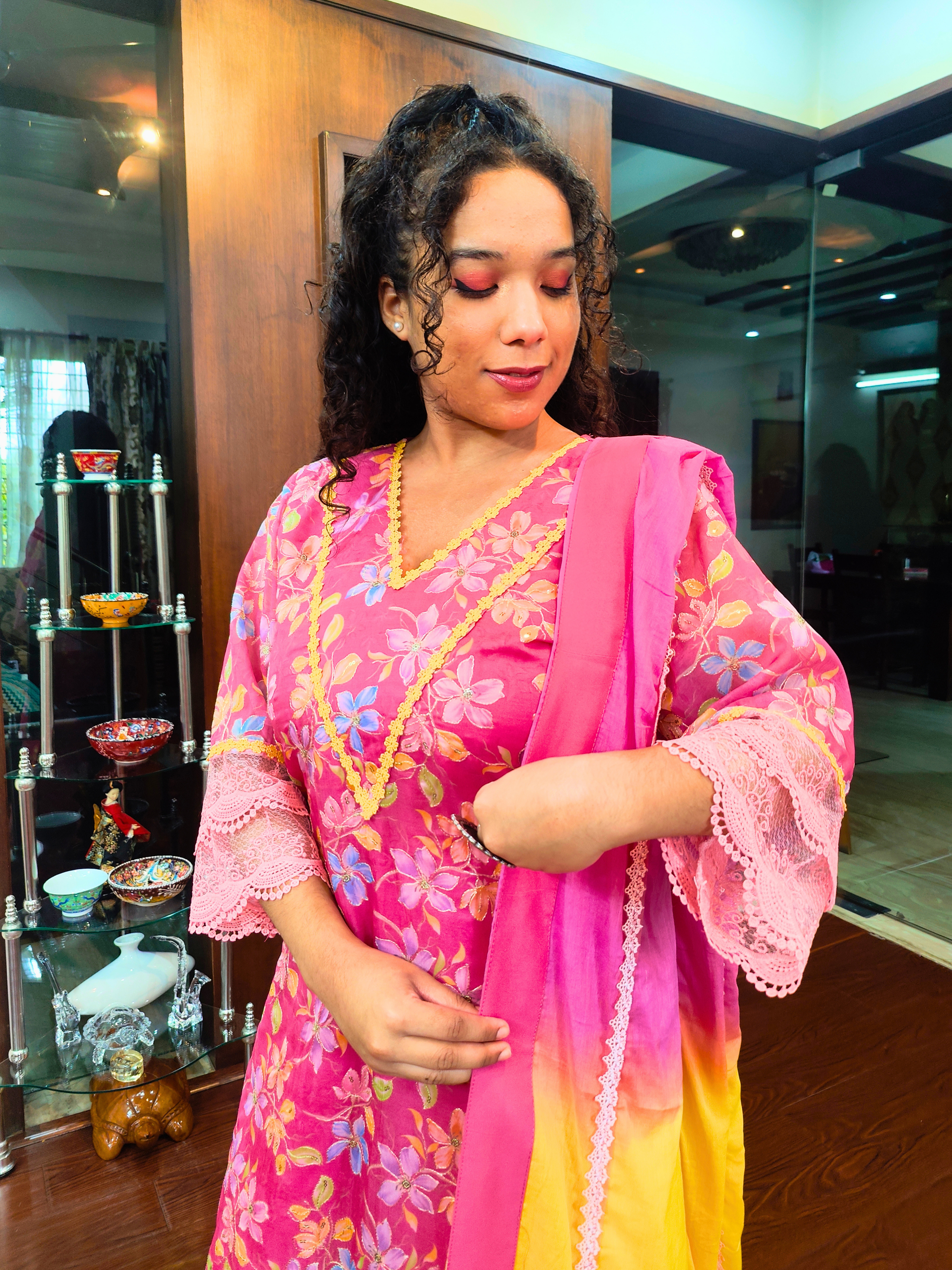 Pink Organza Embroidered Italian Lace Stitched Suit Set