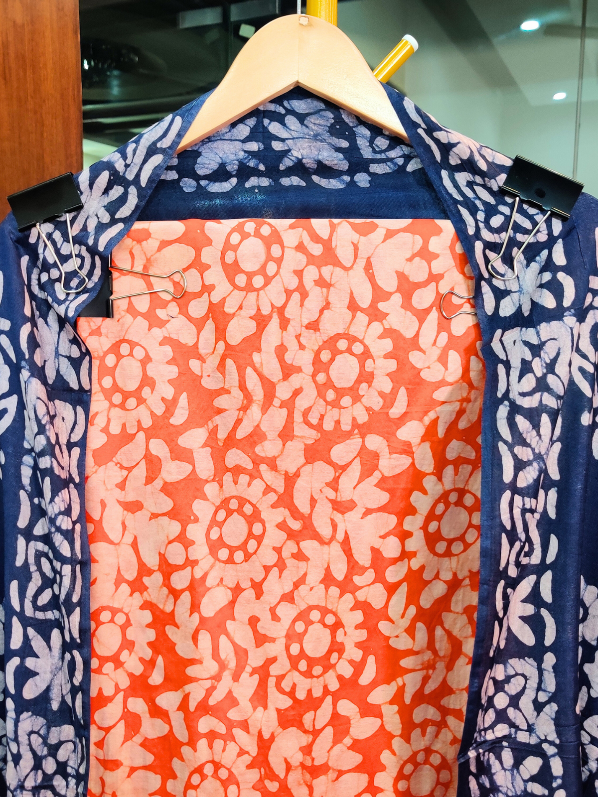 Orange Batik Cotton Silk Unstitched Dress Material Suit Set