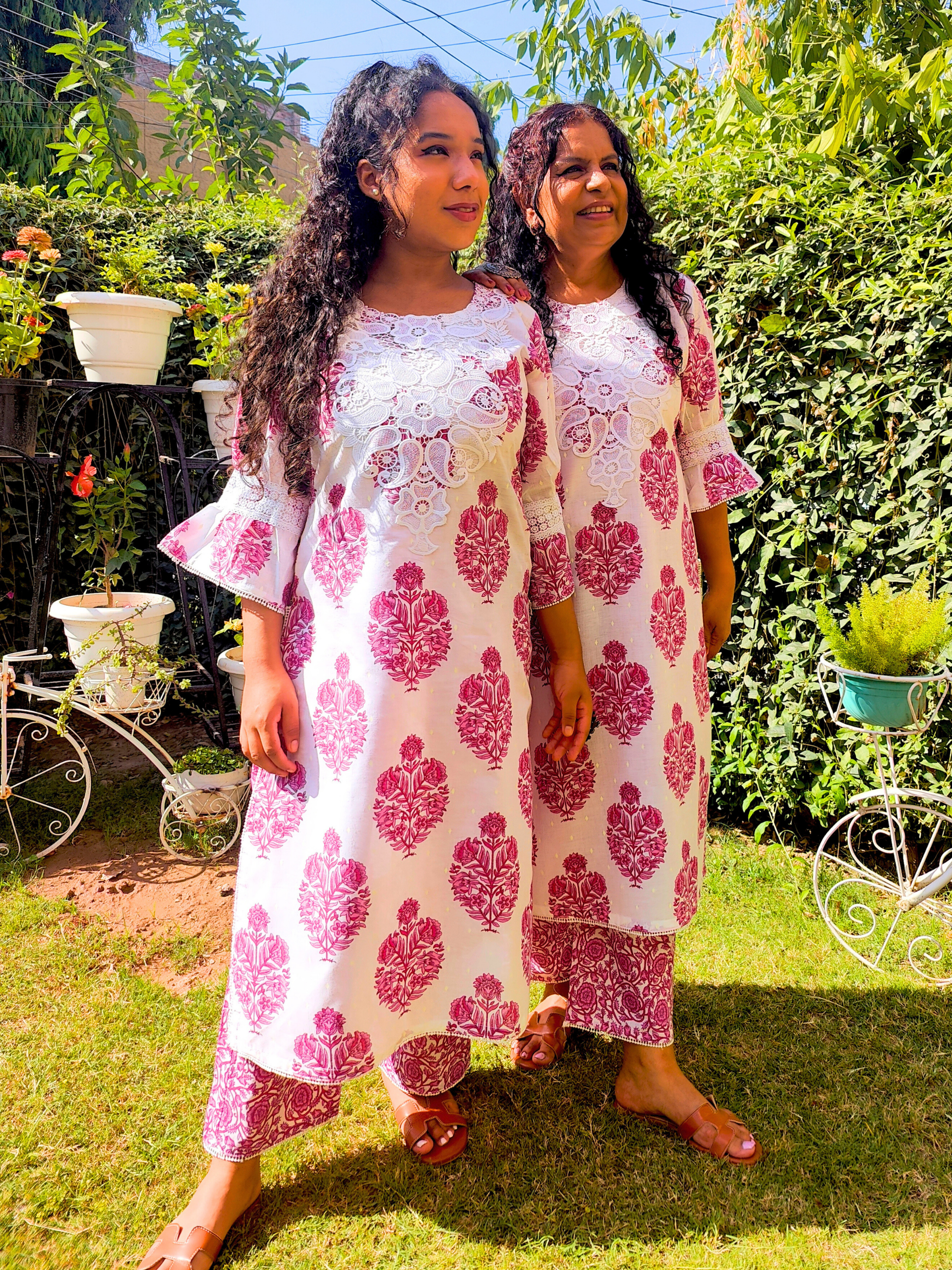 White Handblock Cut Work Lace Cotton Stitched Co-Ord Set