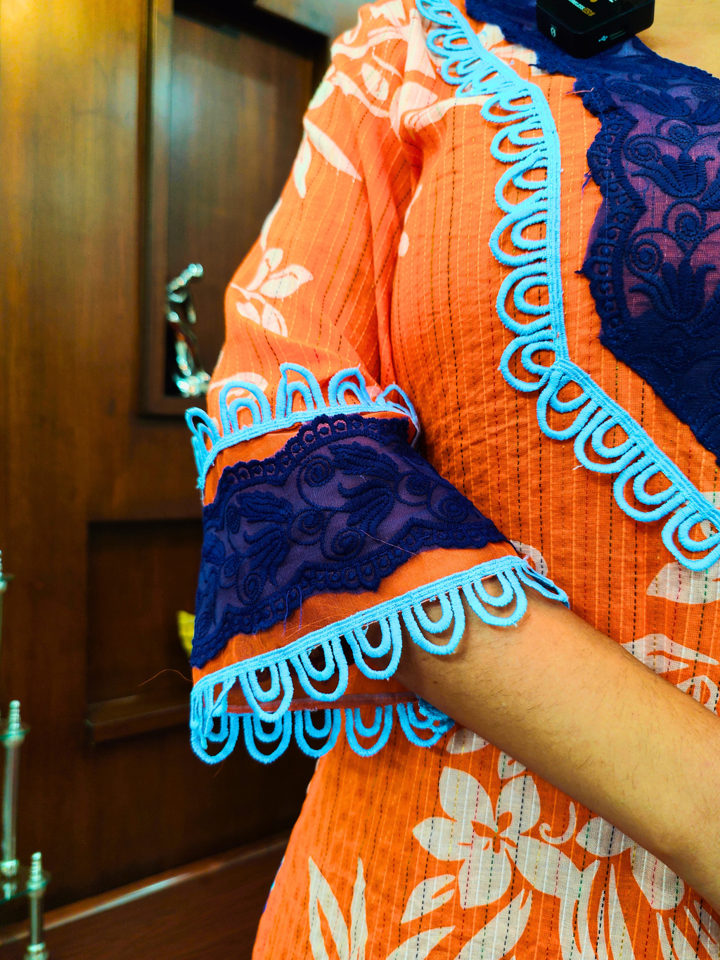 Orange and White Striped Italian Lace Cotton Stitched Suit Set