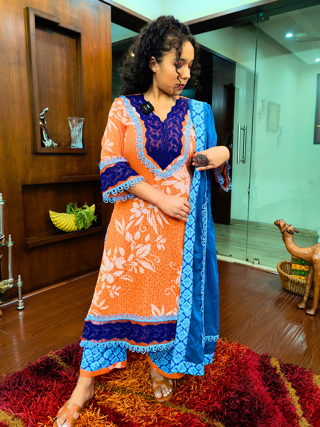 Orange and White Striped Italian Lace Cotton Stitched Suit Set