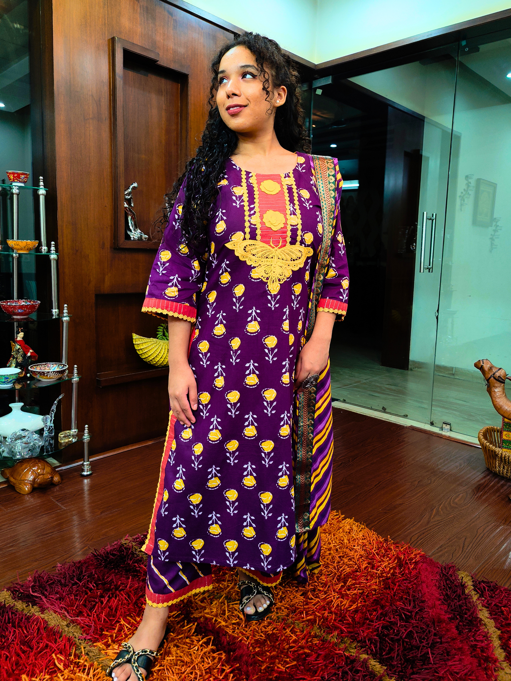 Purple Digital Printed Cotton Stitched Suit Set