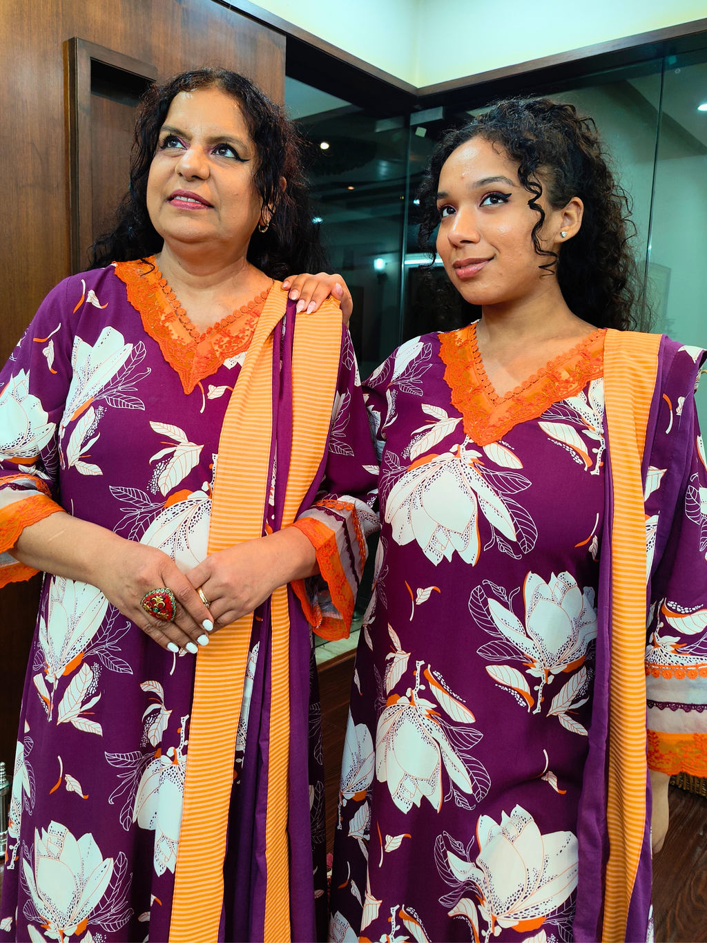 Purple Digital Printed Orange Lace Cotton Stitched Suit Set