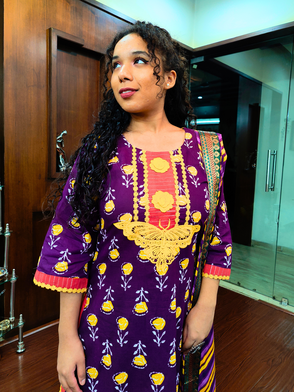 Purple Digital Printed Cotton Stitched Suit Set