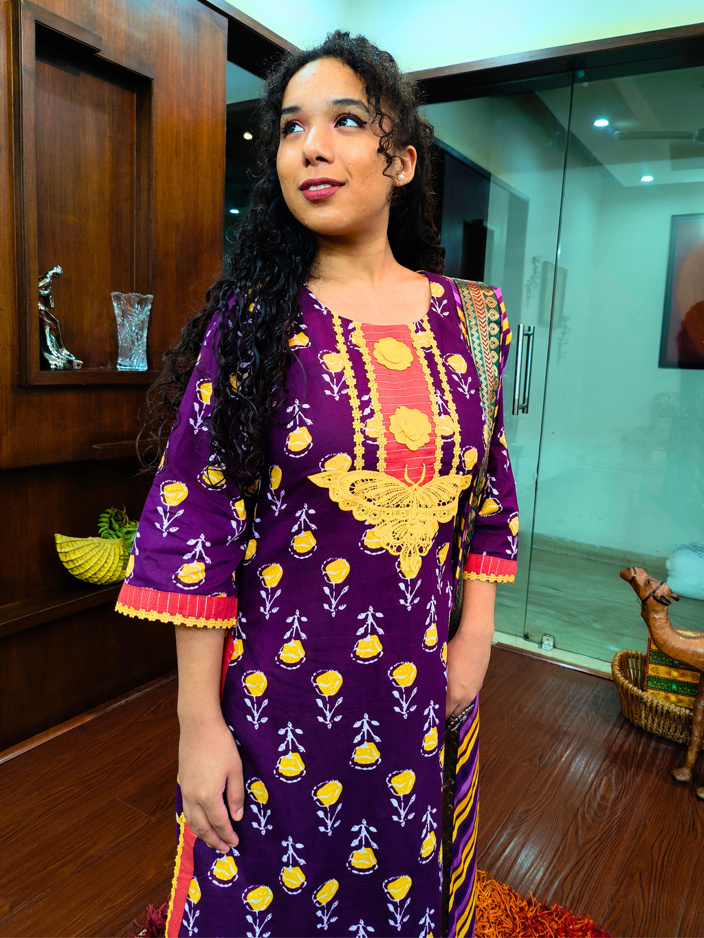 Purple Digital Printed Cotton Stitched Suit Set