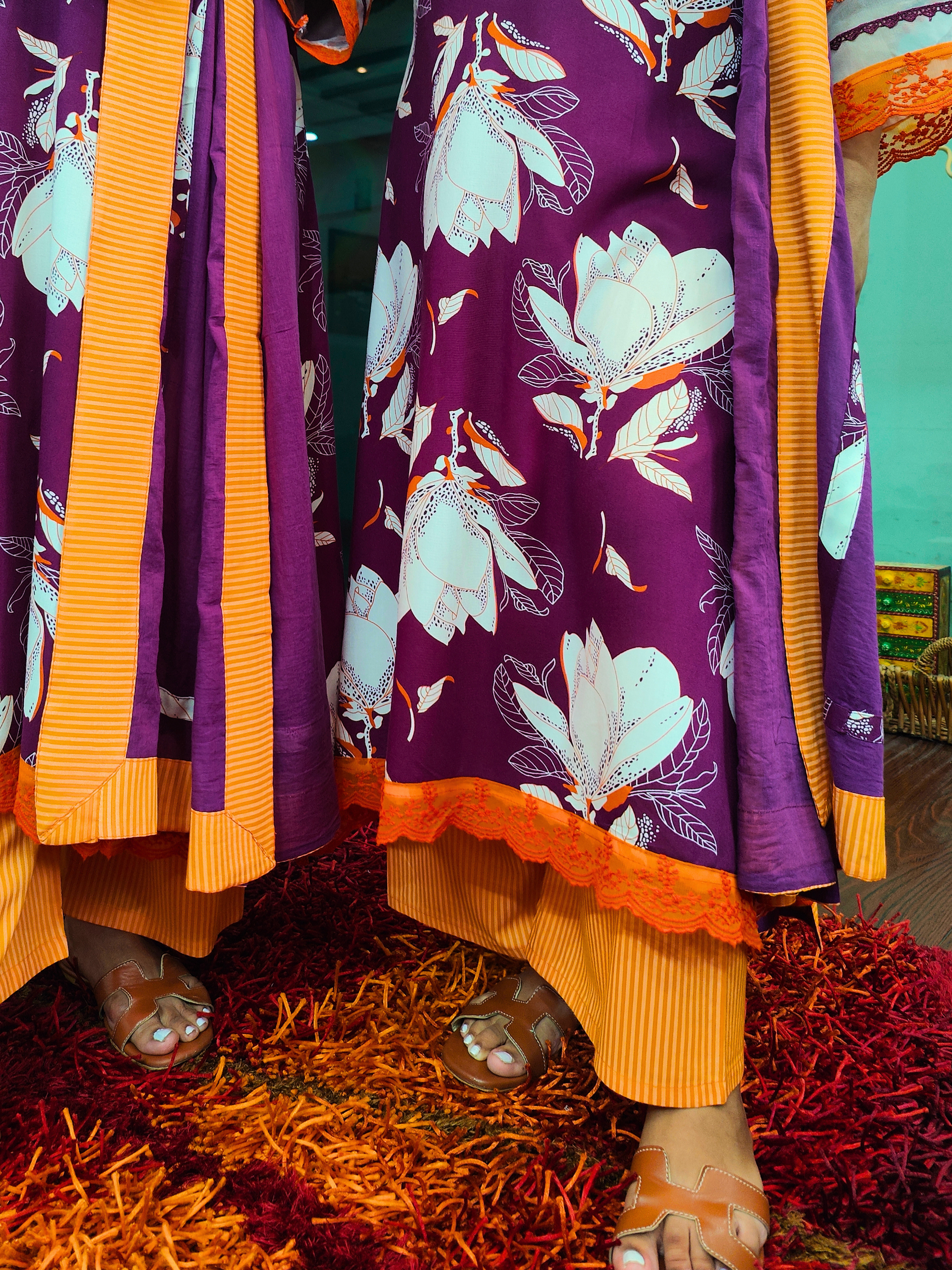 Purple Digital Printed Orange Lace Cotton Stitched Suit Set