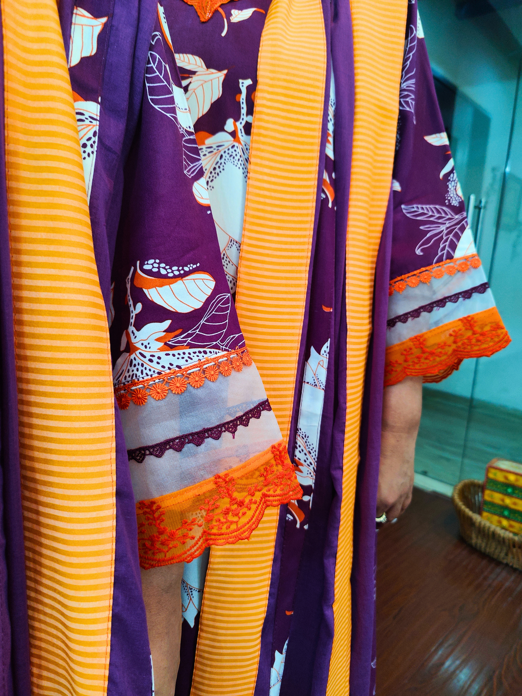 Purple Digital Printed Orange Lace Cotton Stitched Suit Set