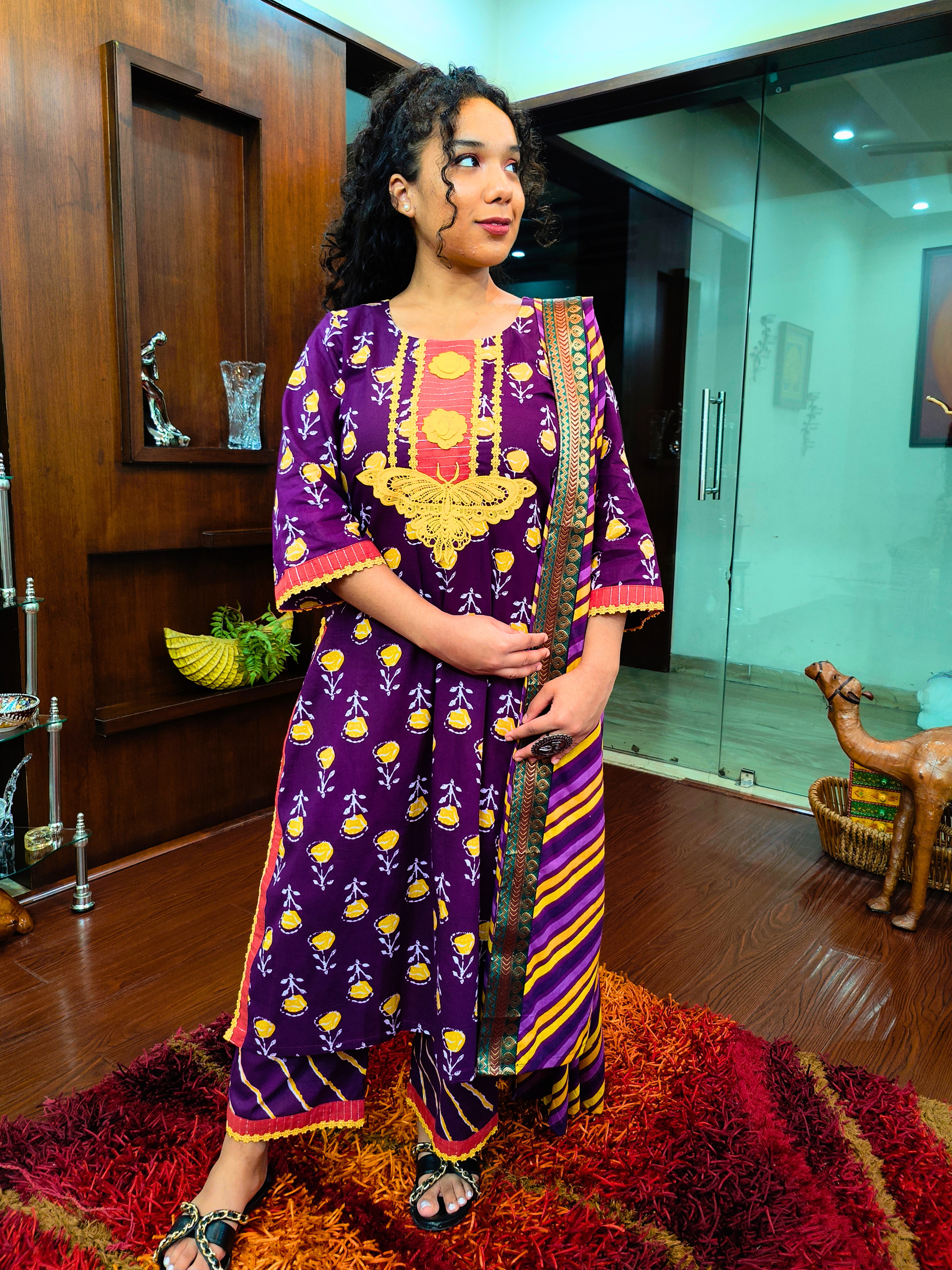 Purple Digital Printed Cotton Stitched Suit Set