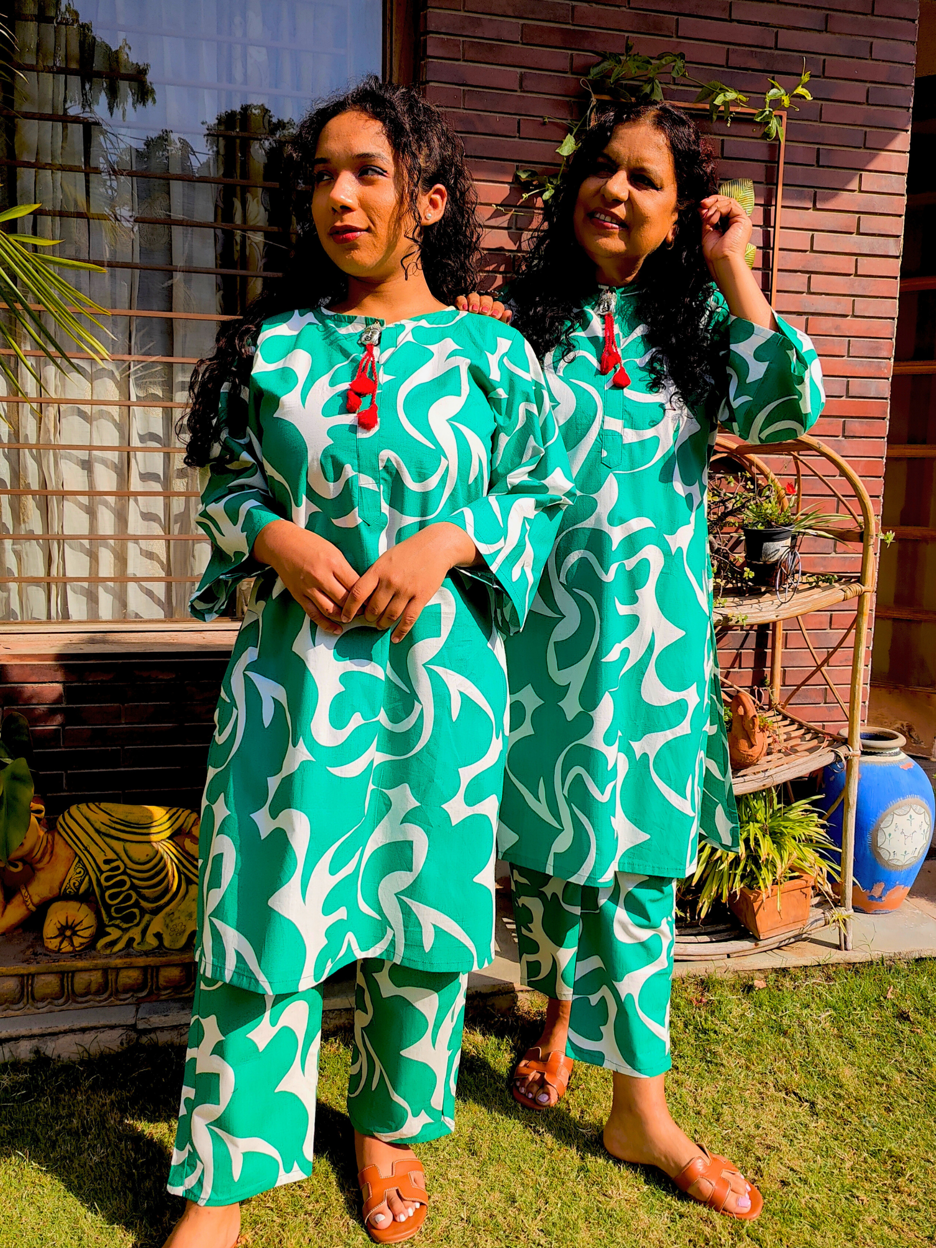 Green and White Digital Printed Cotton Stitched Co-Ord Set