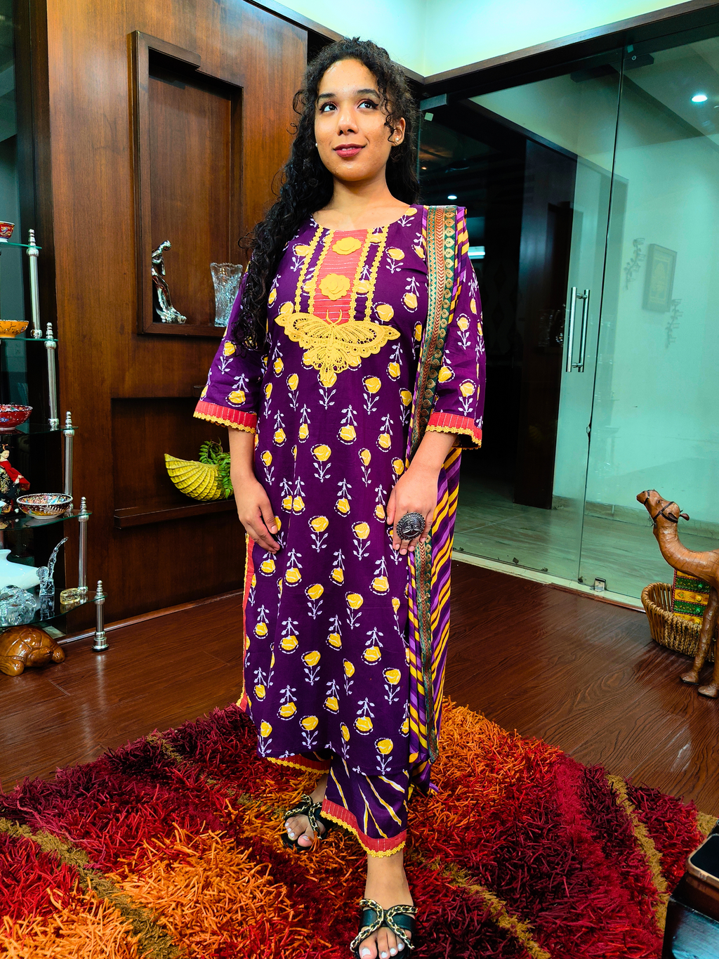Purple Digital Printed Cotton Stitched Suit Set