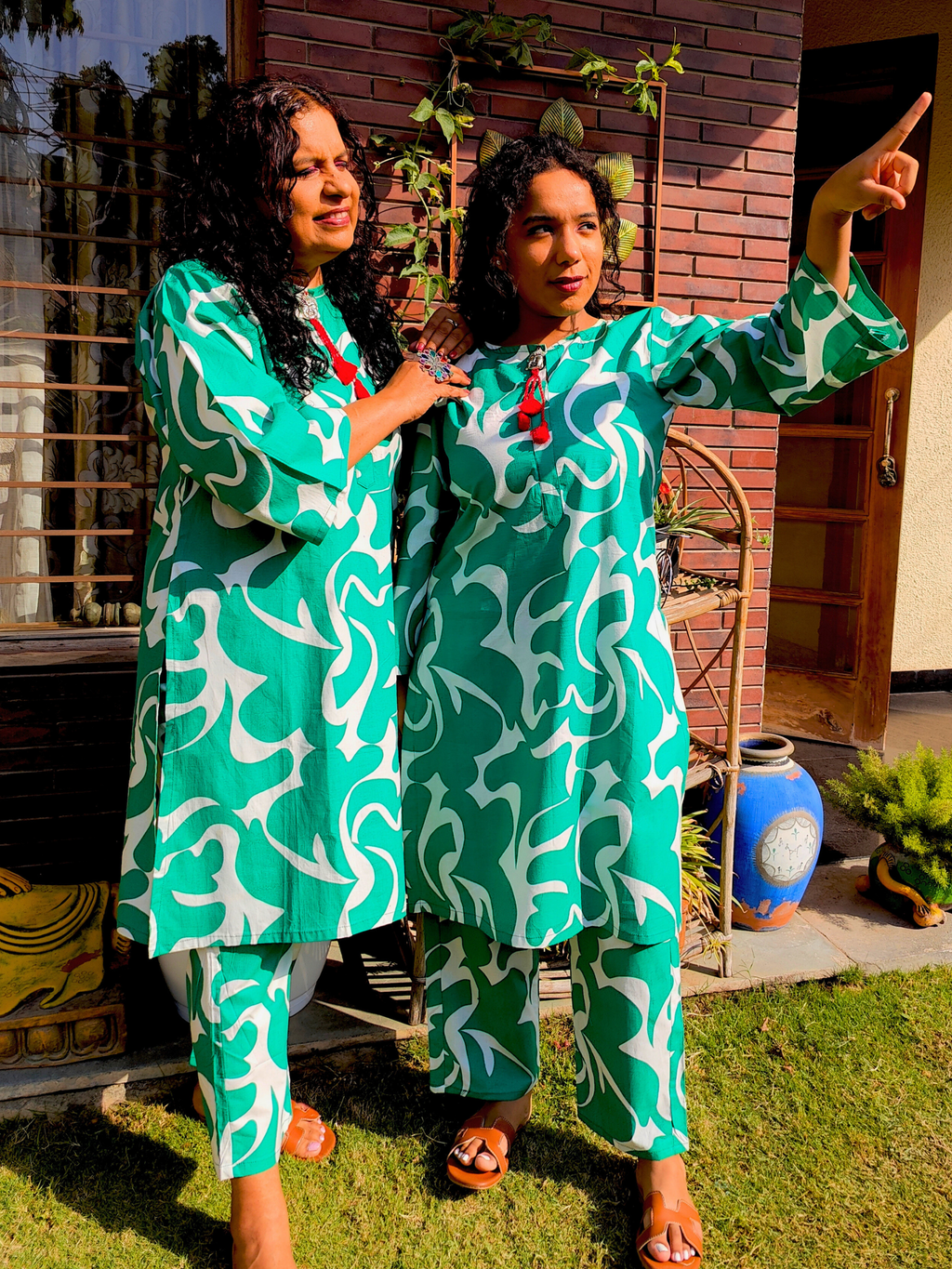 Green and White Digital Printed Cotton Stitched Co-Ord Set