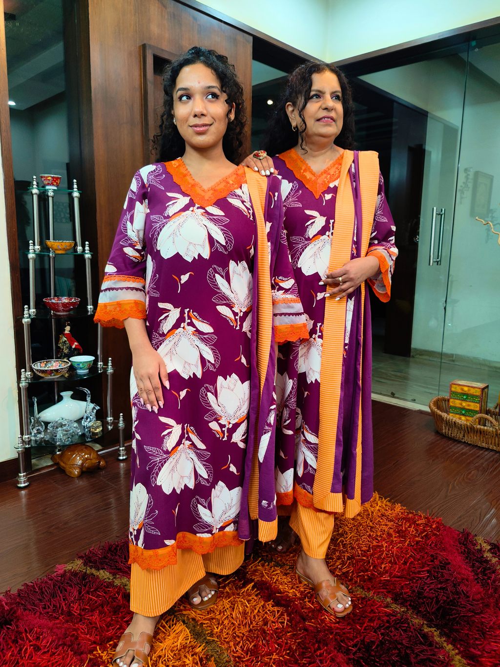 Purple Digital Printed Orange Lace Cotton Stitched Suit Set