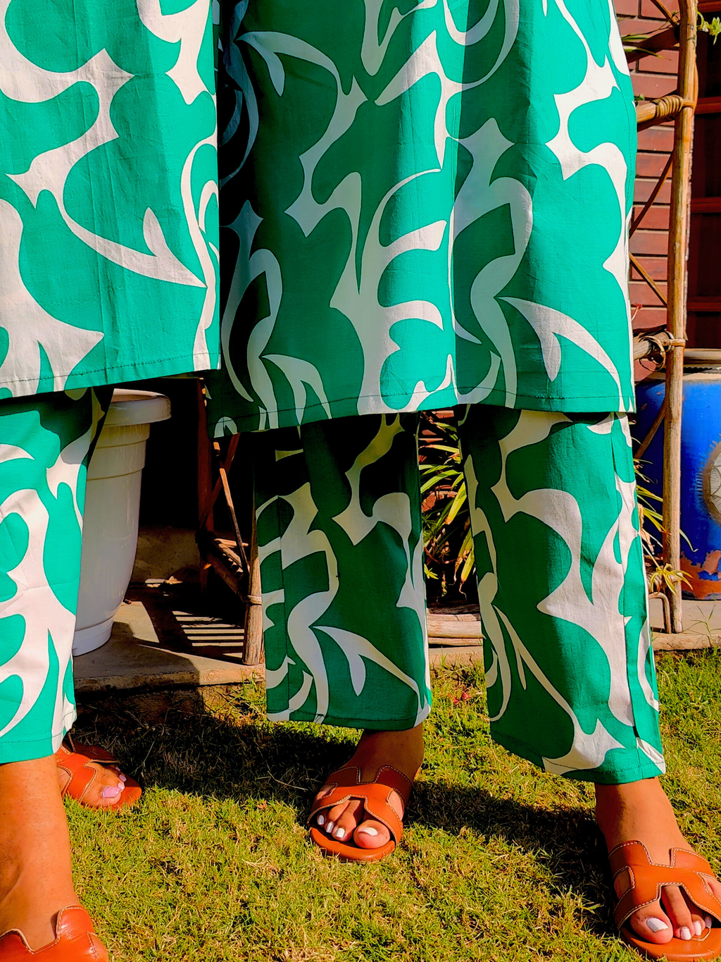 Green and White Digital Printed Cotton Stitched Co-Ord Set