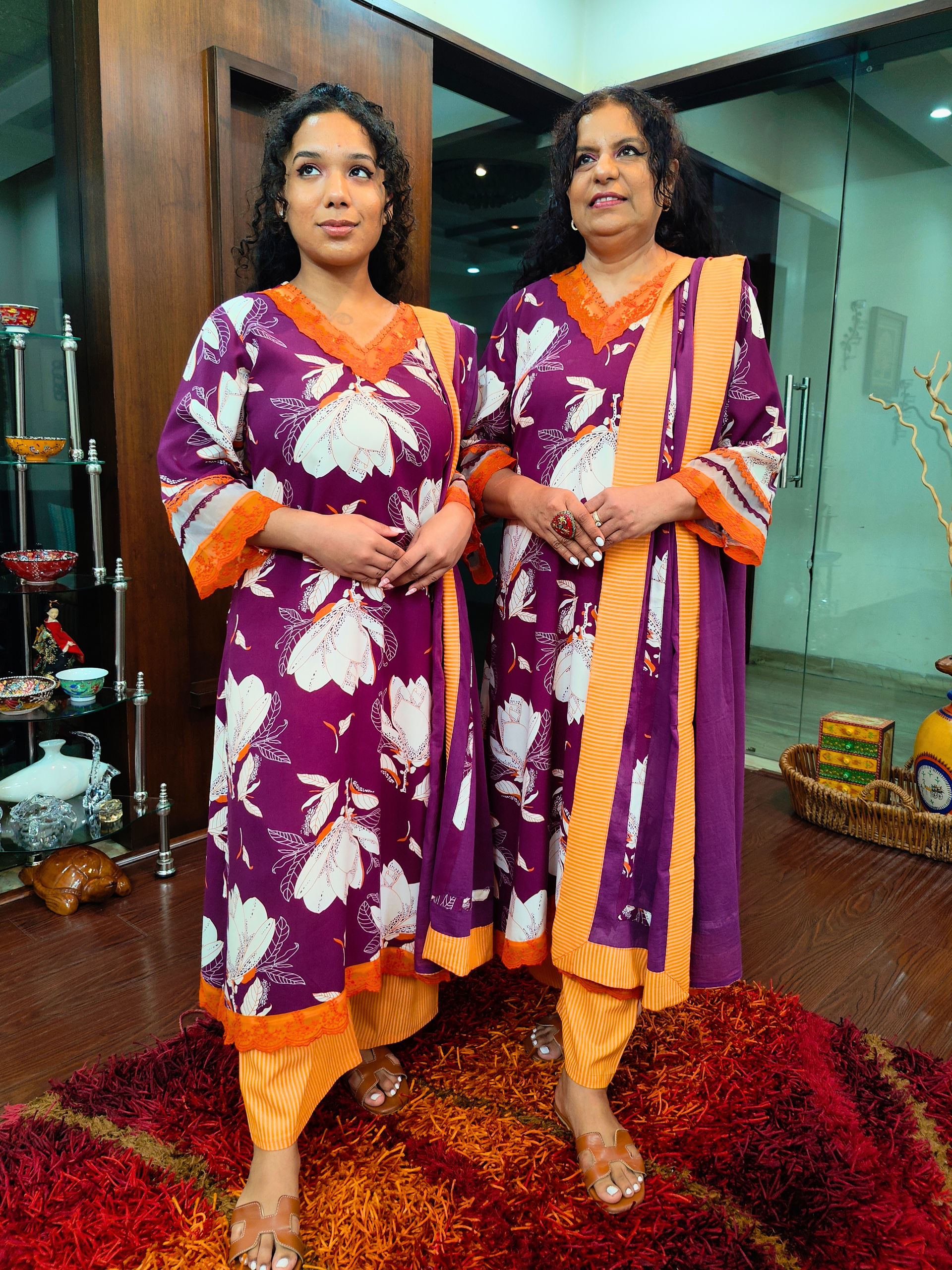 Purple Digital Printed Orange Lace Cotton Stitched Suit Set