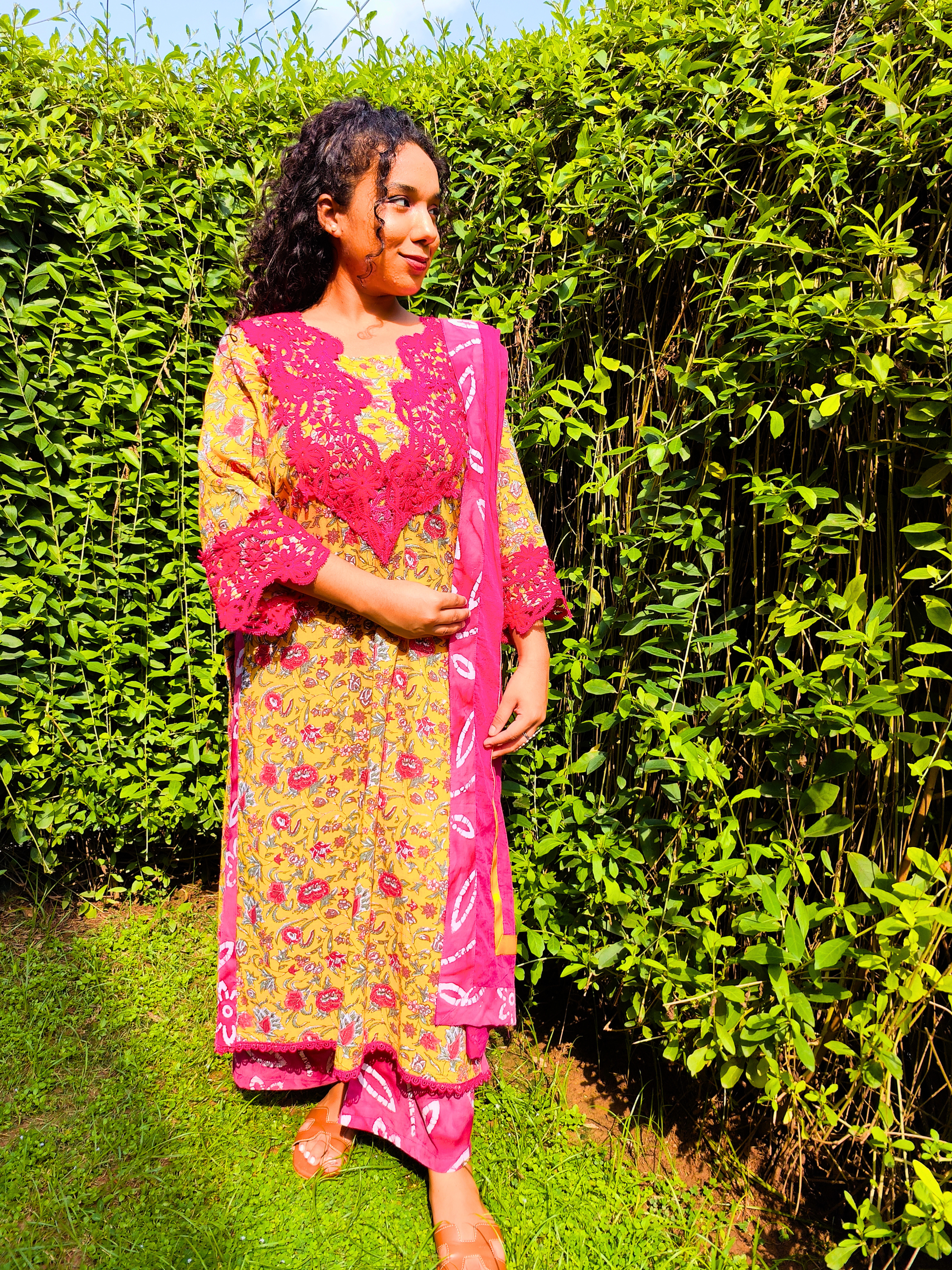 Yellow Handblock Magenta Italian Lace Cotton Stitched Suit Set
