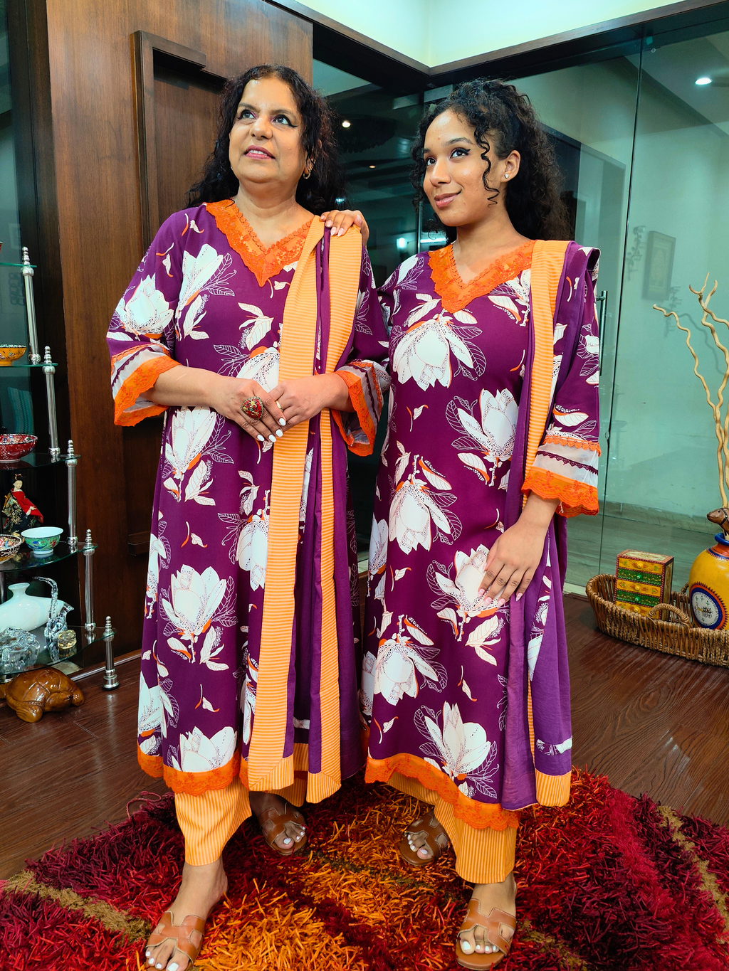 Purple Digital Printed Orange Lace Cotton Stitched Suit Set