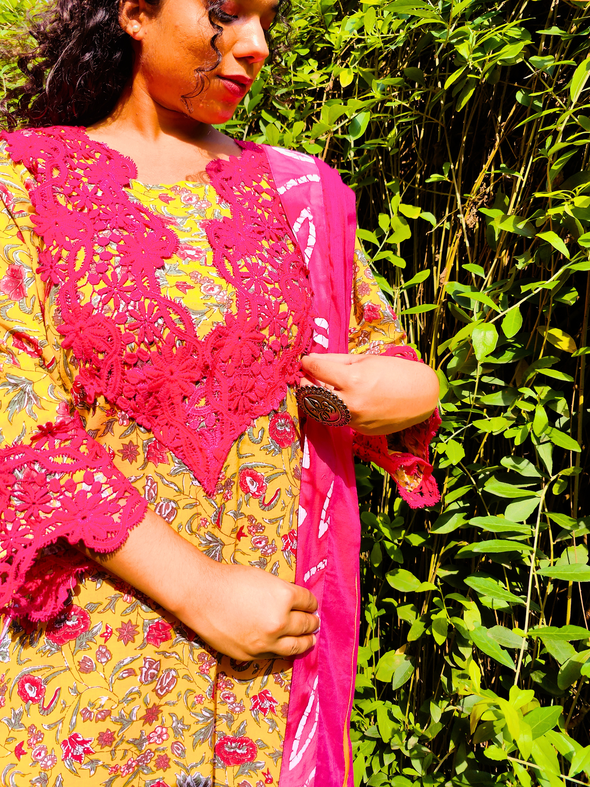 Yellow Handblock Magenta Italian Lace Cotton Stitched Suit Set