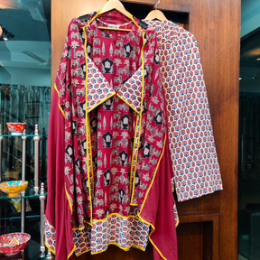 Maroon Ajrakh Yellow Lace Cotton Stitched Suit Set