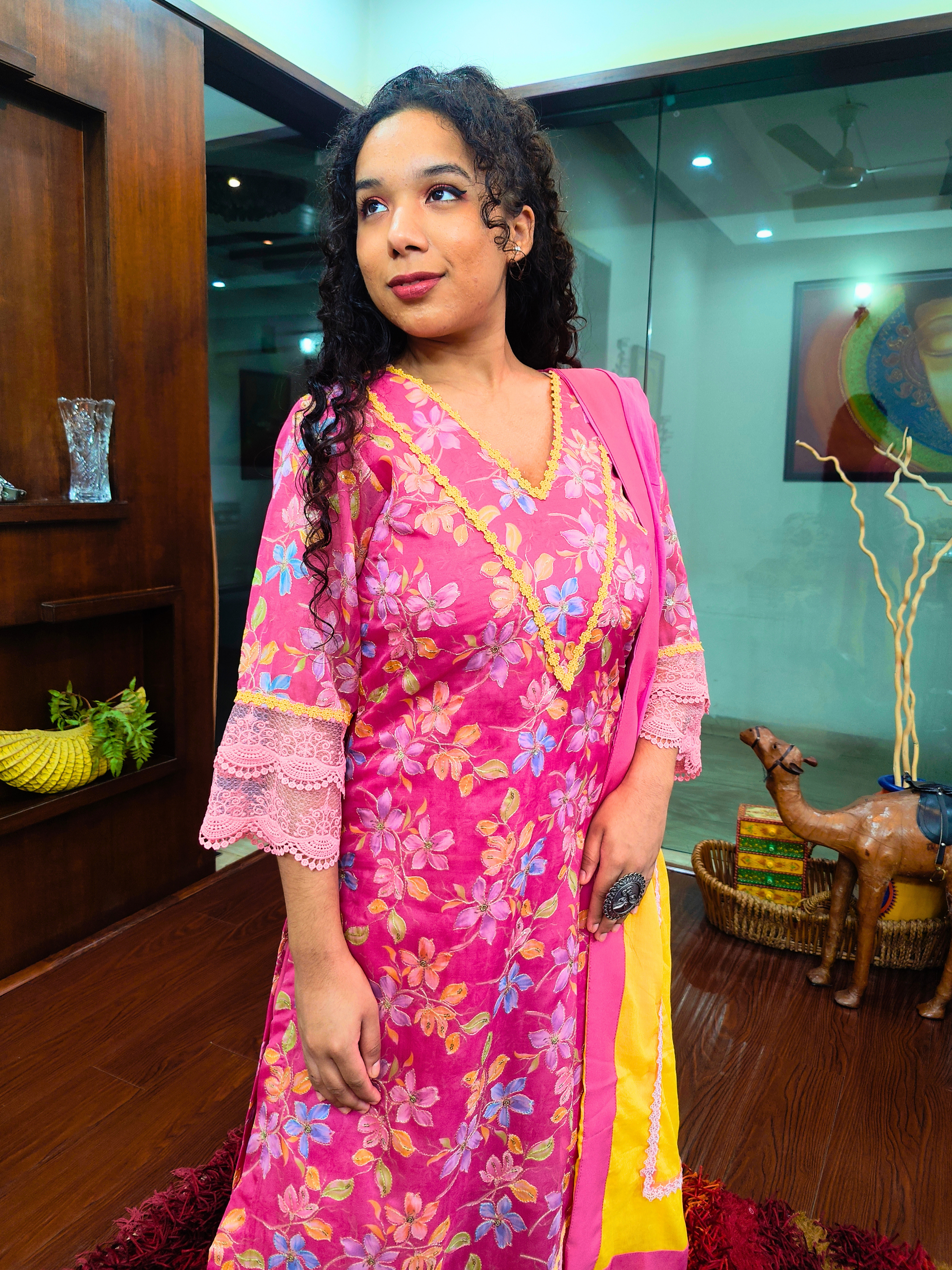 Pink Organza Embroidered Italian Lace Stitched Suit Set