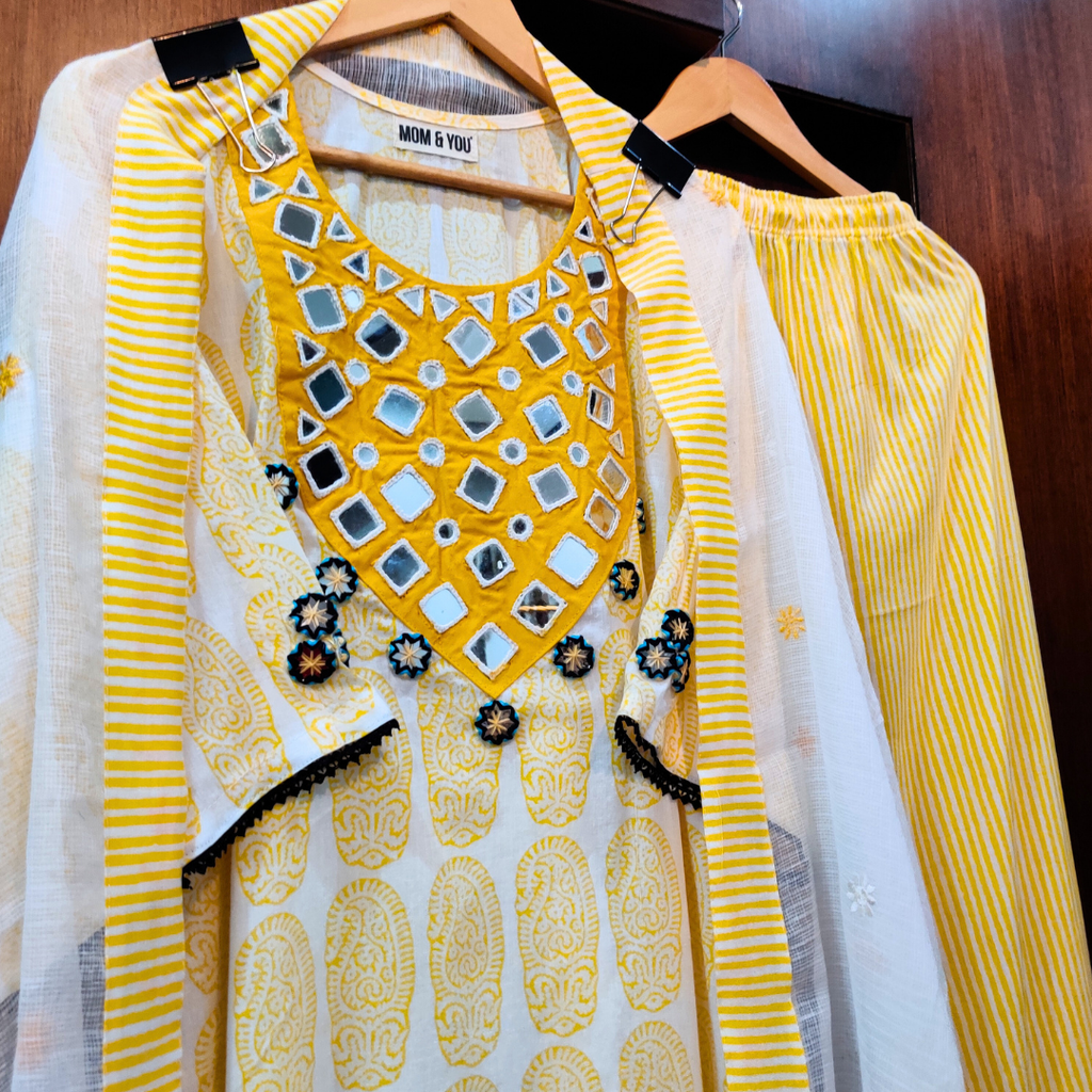 Yellow Handblock Mirror Embroidered Stitched Suit Set