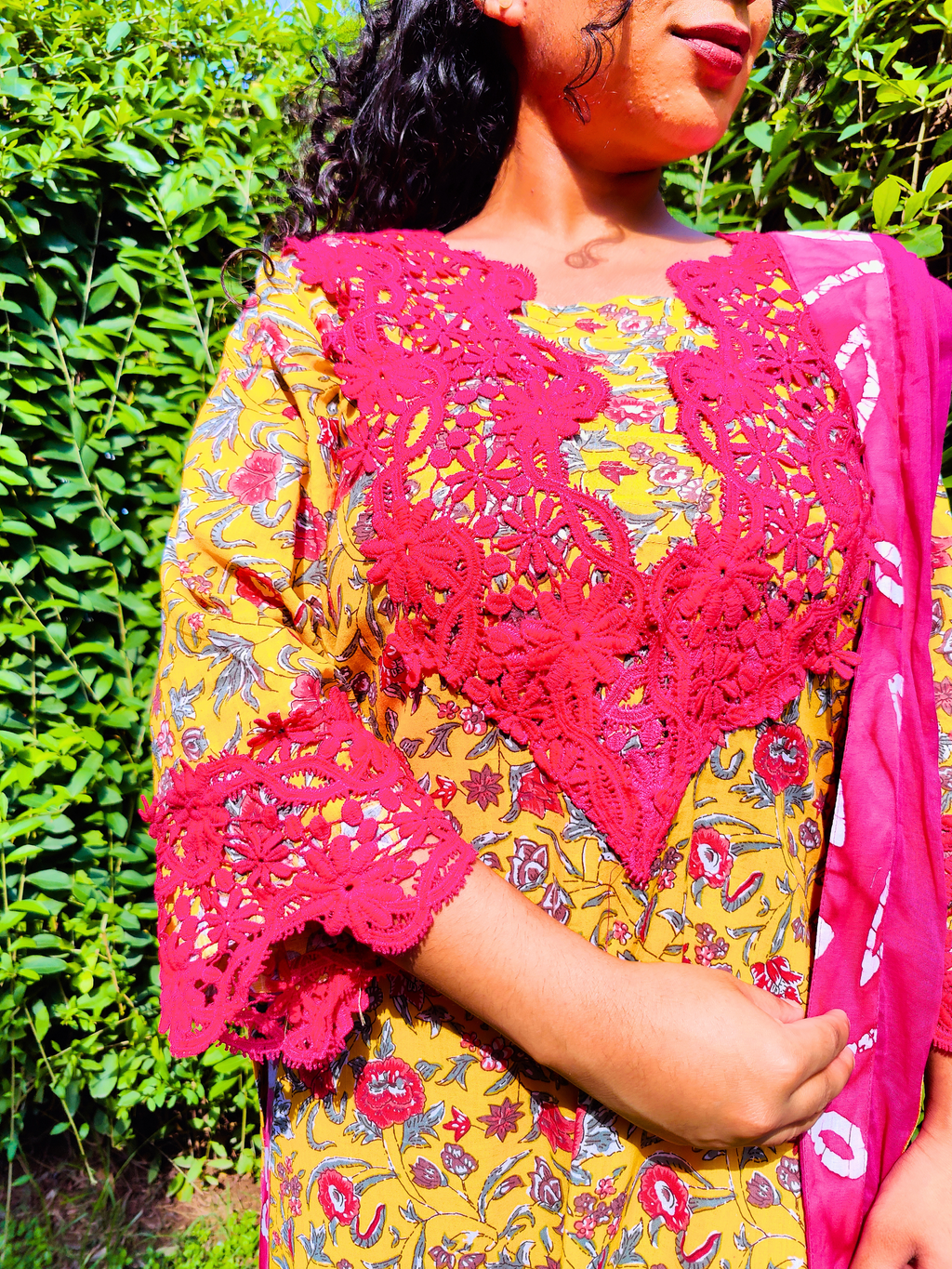 Yellow Handblock Magenta Italian Lace Cotton Stitched Suit Set