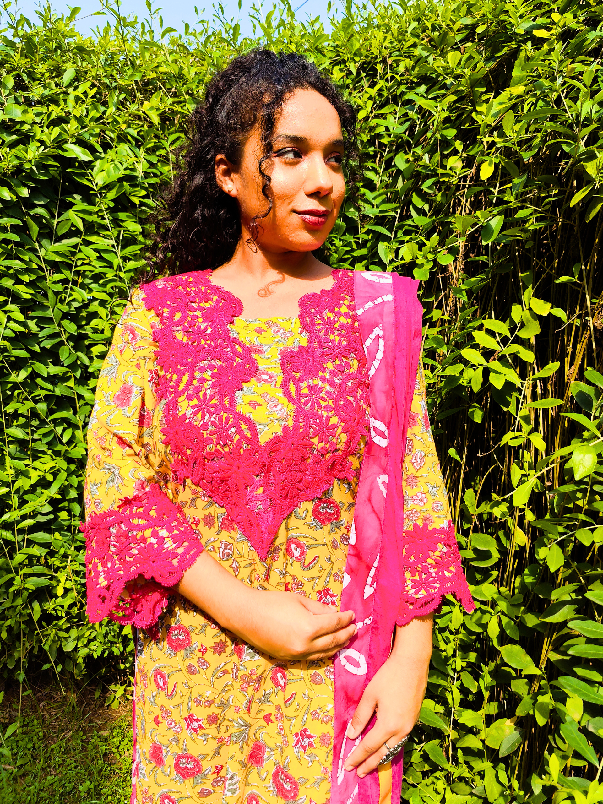 Yellow Handblock Magenta Italian Lace Cotton Stitched Suit Set