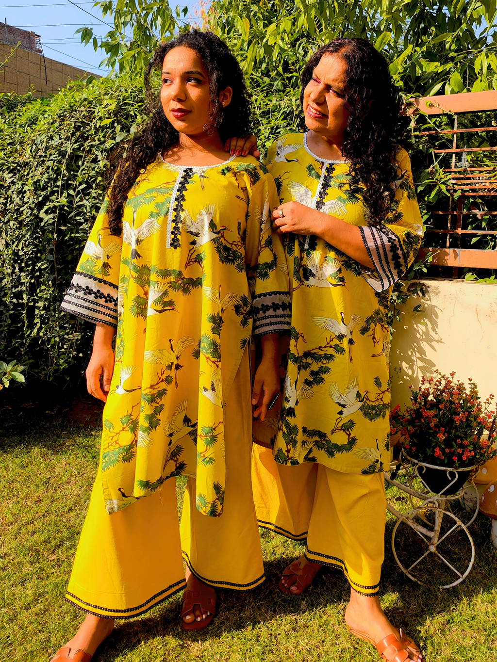 Yellow Digital Printed Cotton Lace Stitched Co-Ord Set