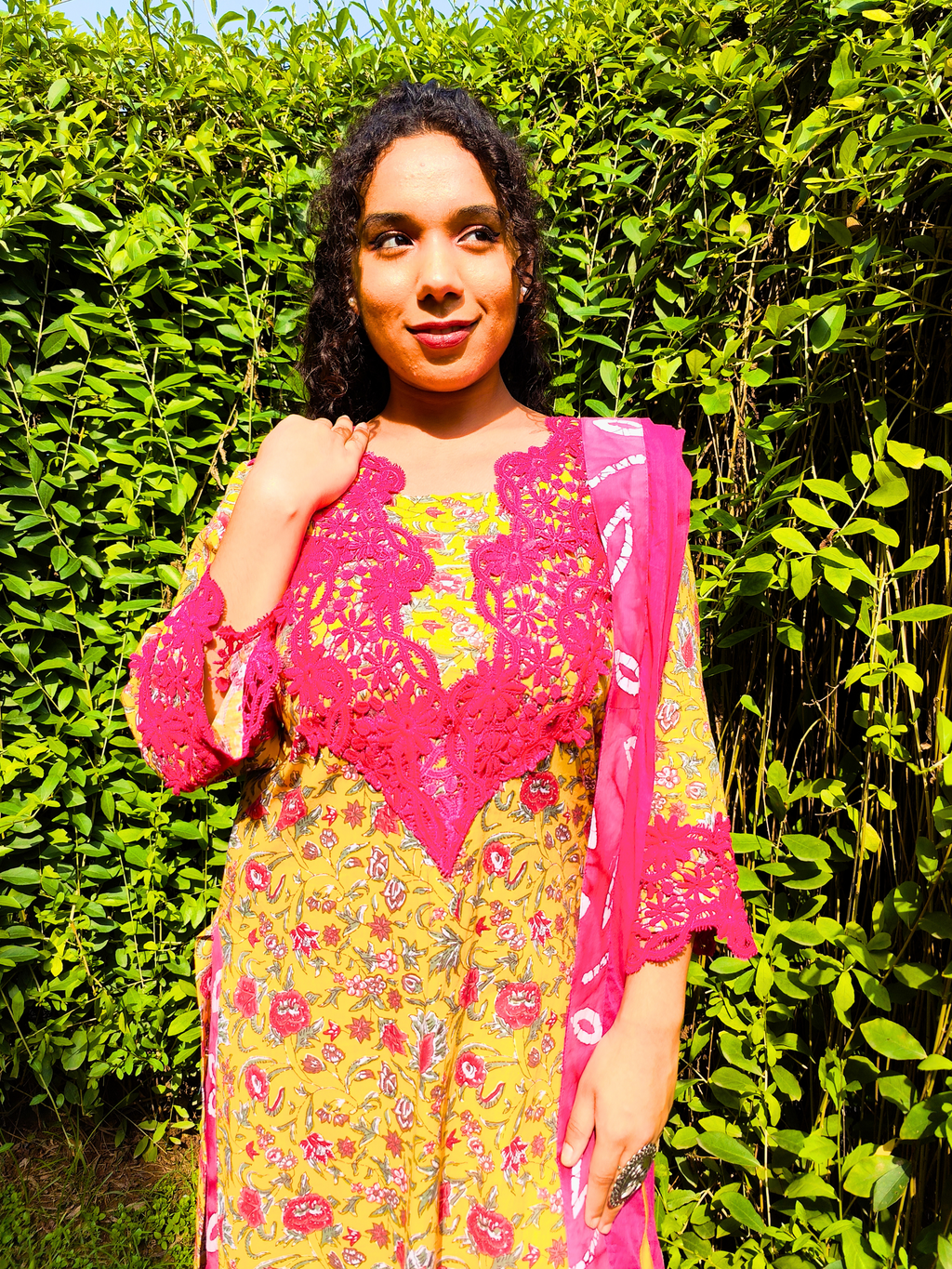 Yellow Handblock Magenta Italian Lace Cotton Stitched Suit Set