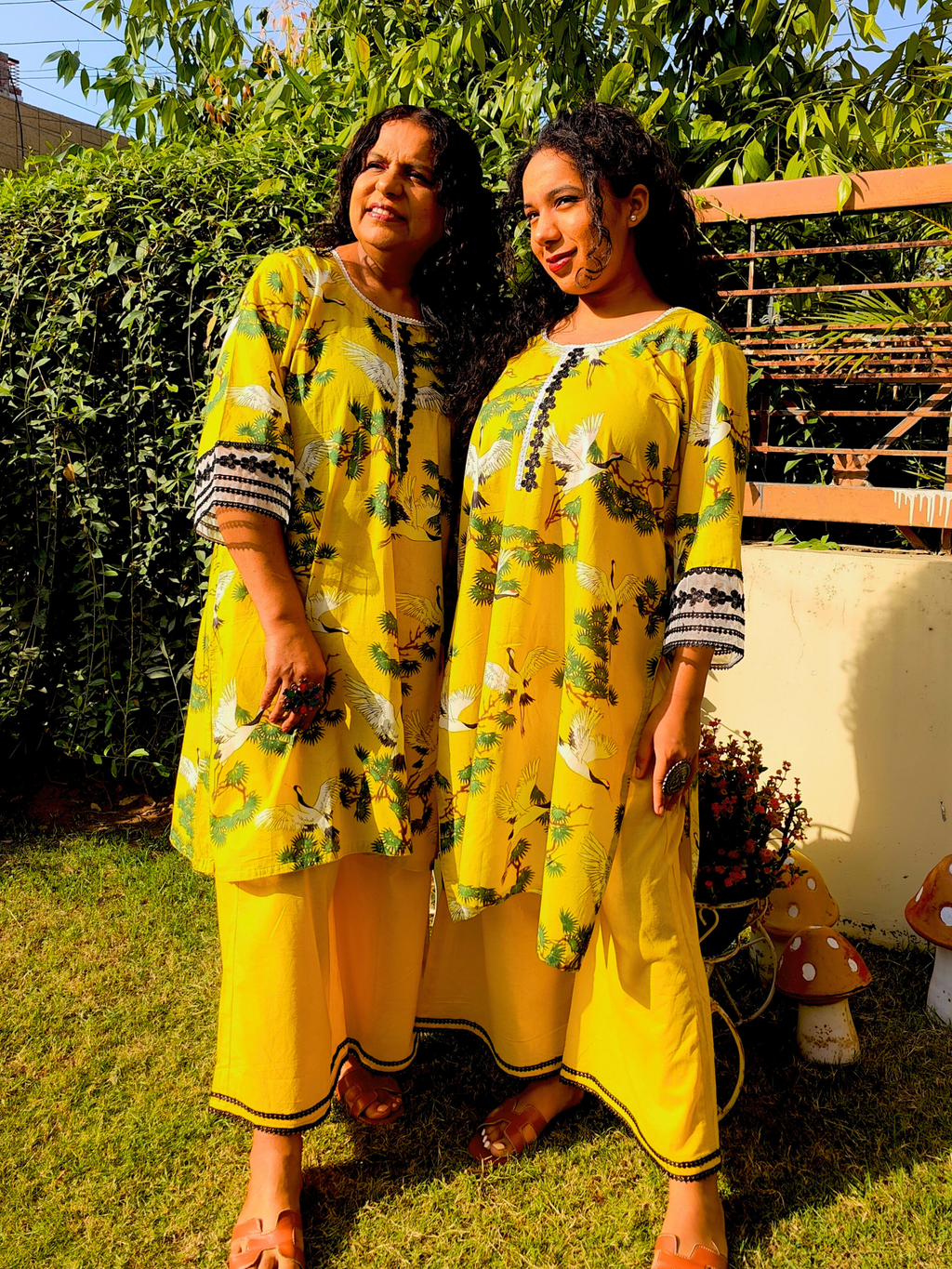 Yellow Digital Printed Cotton Lace Stitched Co-Ord Set