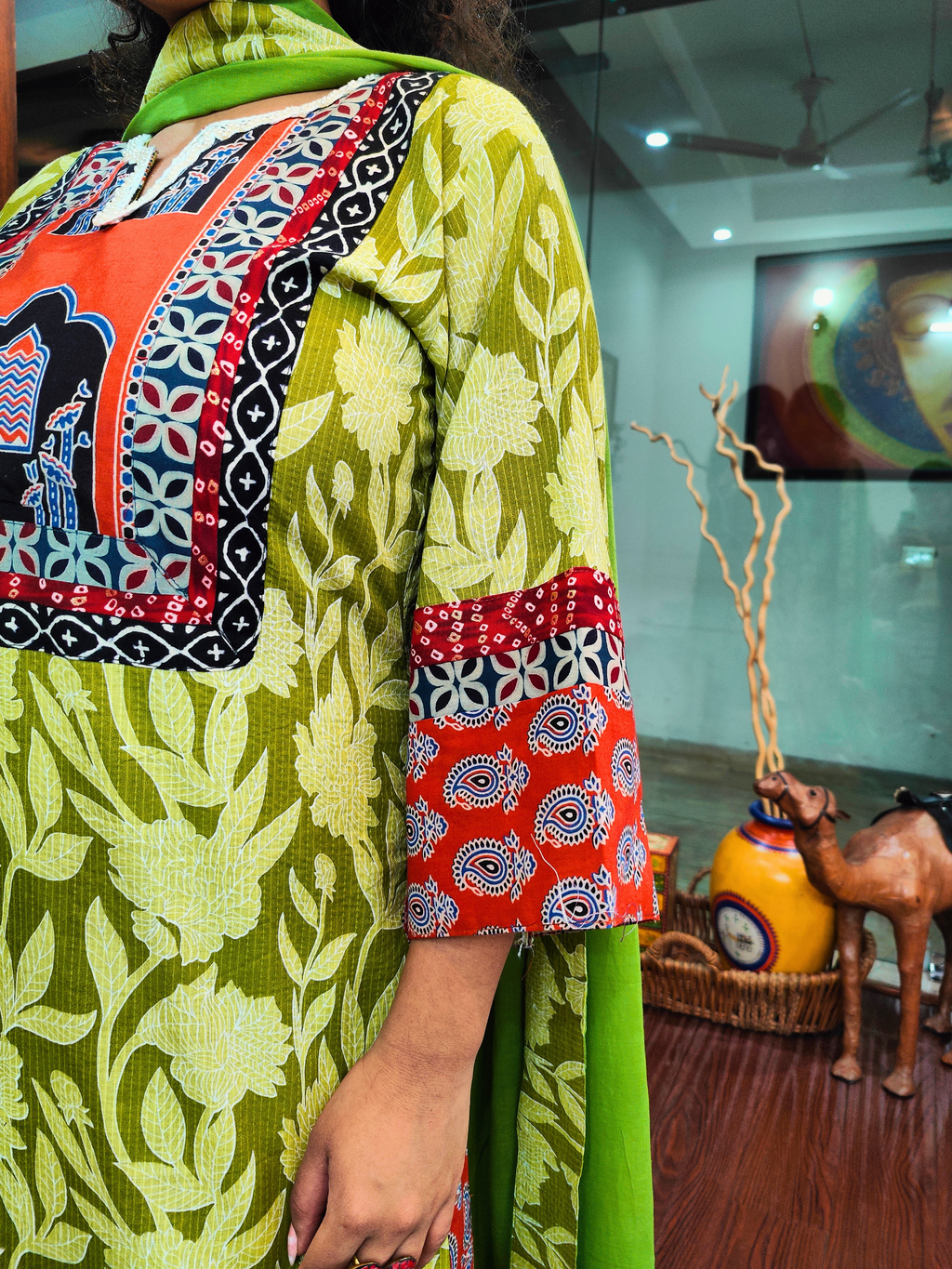 Green Handblock Kalamkari Cotton Stitched Suit Set