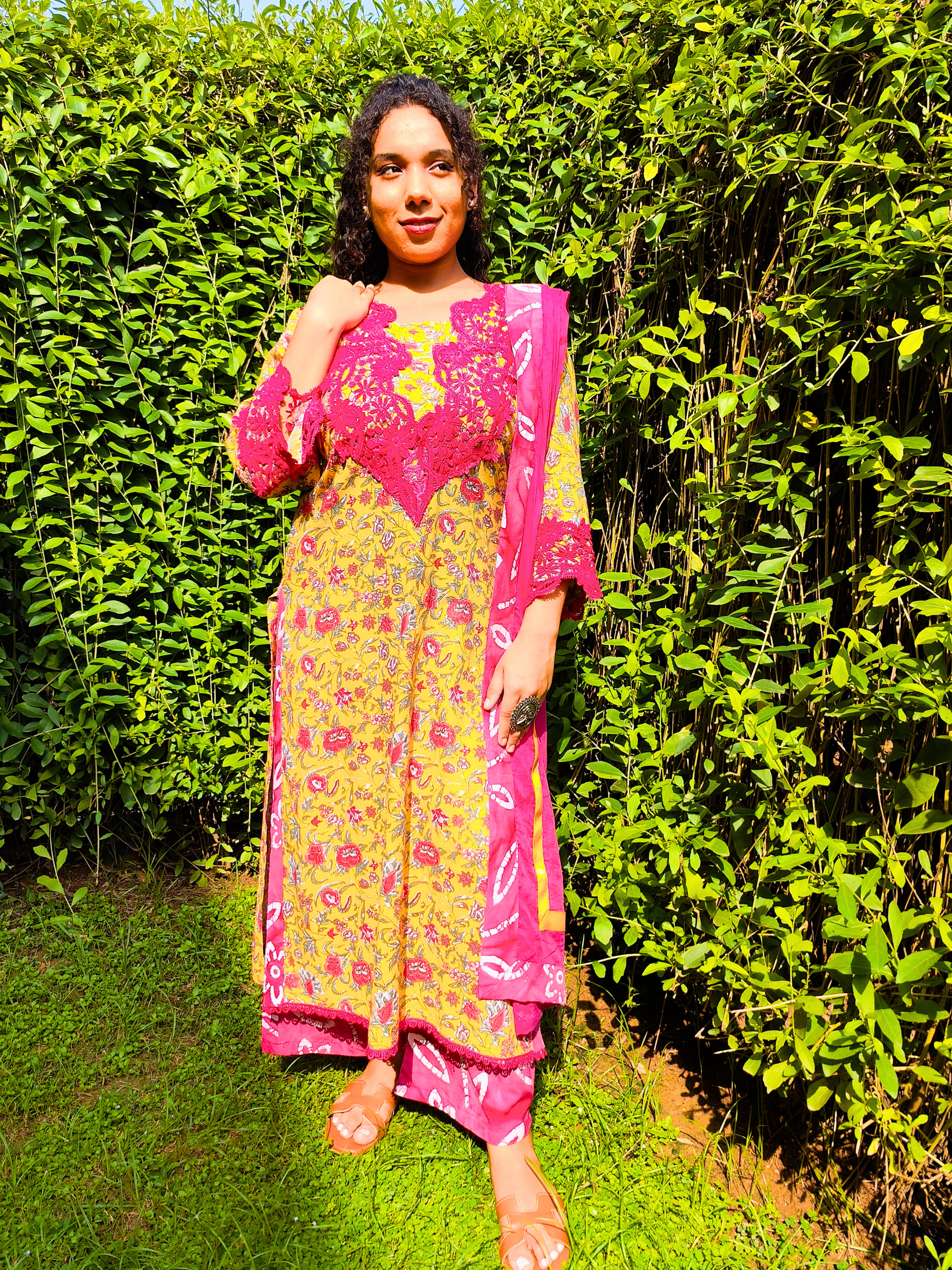 Yellow Handblock Magenta Italian Lace Cotton Stitched Suit Set