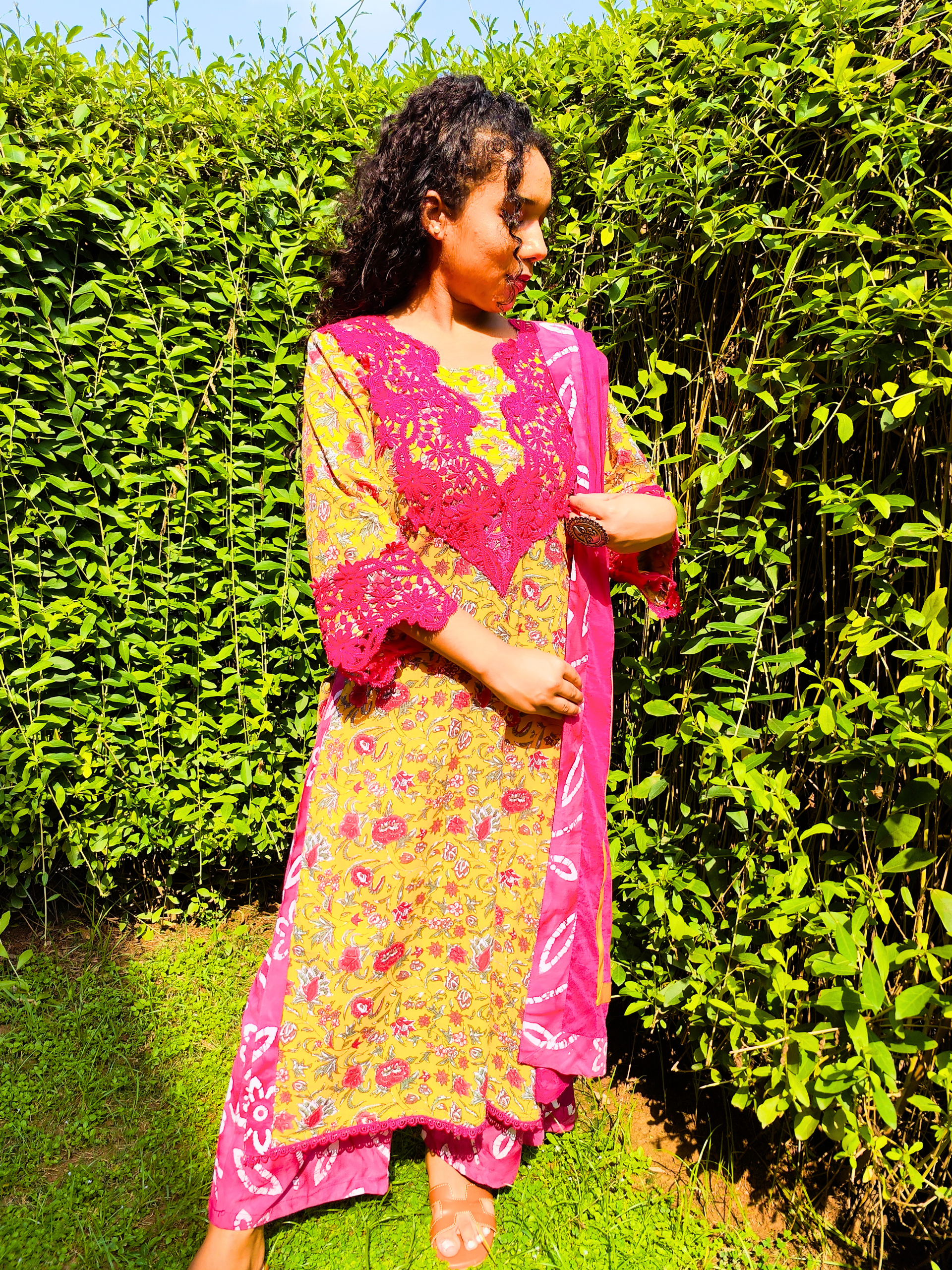 Yellow Handblock Magenta Italian Lace Cotton Stitched Suit Set