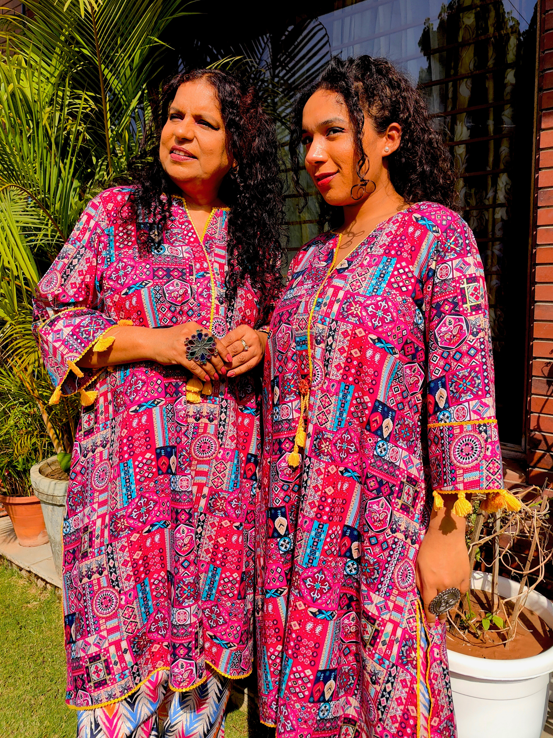 Multi-coloured yellow Lace Cotton Stitched Co-Ord Set