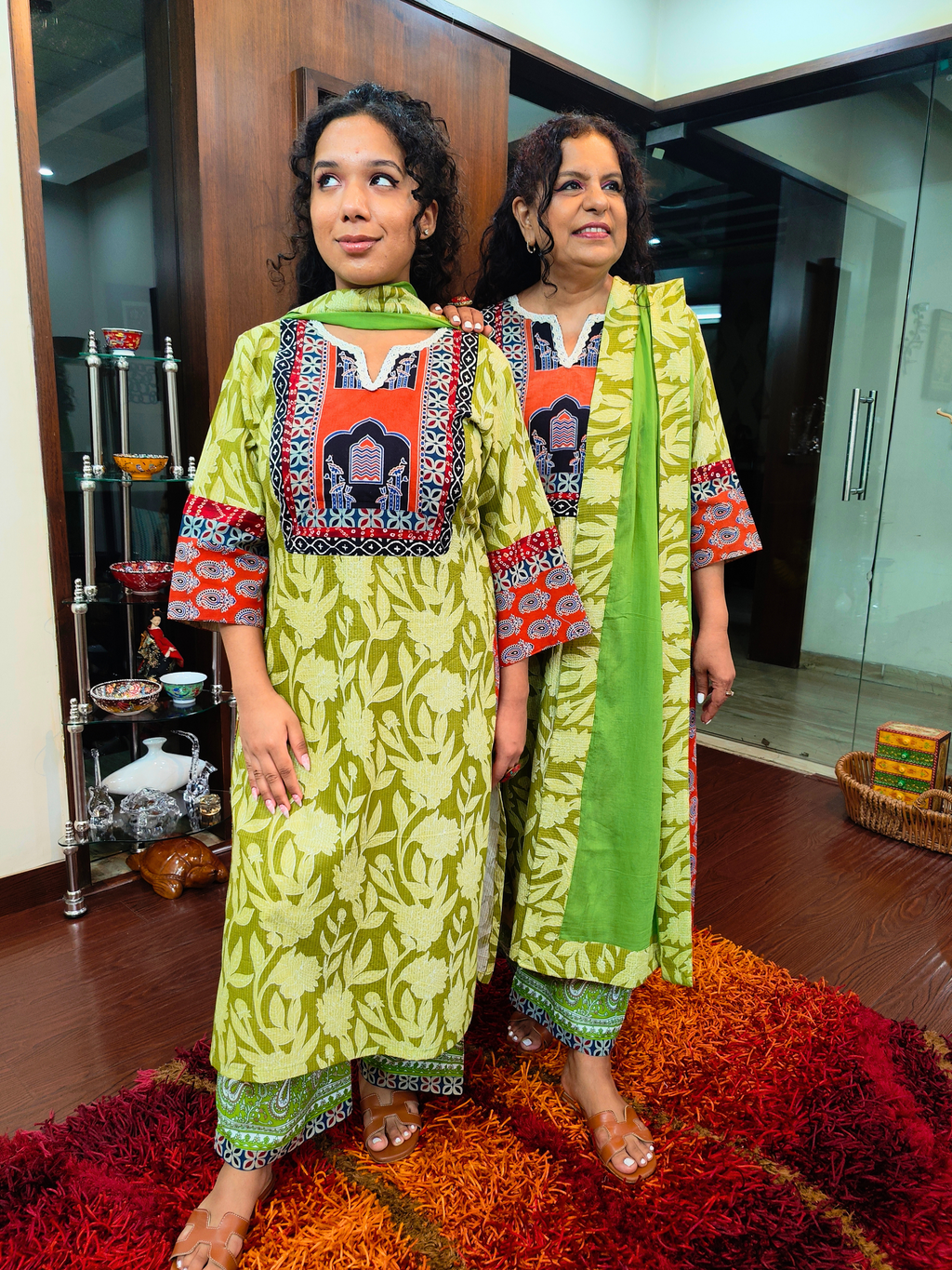 Green Handblock Kalamkari Cotton Stitched Suit Set