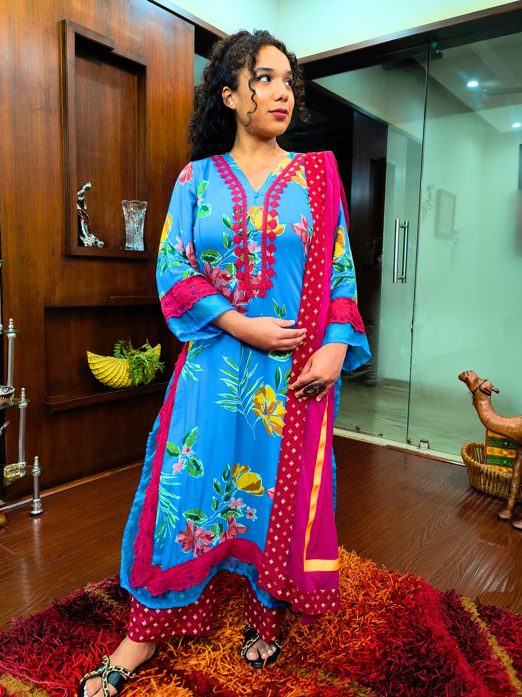 Sky Blue Magenta Floral Lace Cotton Stitched Suit Set