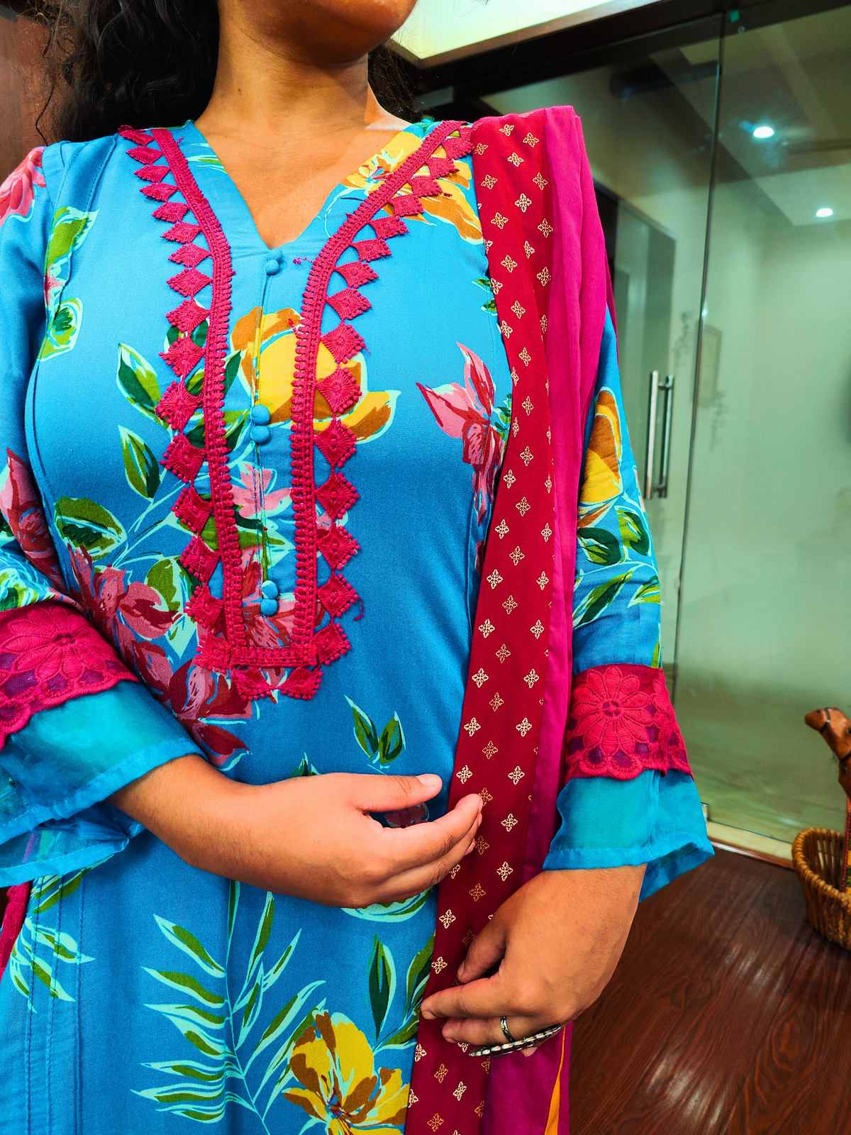 Sky Blue Magenta Floral Lace Cotton Stitched Suit Set
