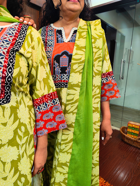 Green Handblock Kalamkari Cotton Stitched Suit Set