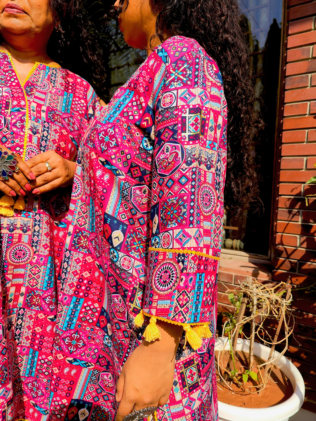 Multi-coloured yellow Lace Cotton Stitched Co-Ord Set