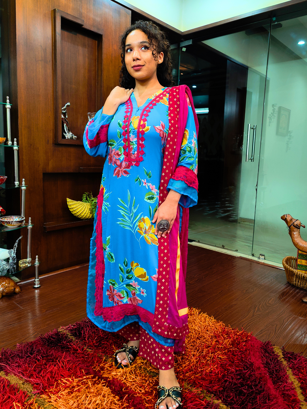 Sky Blue Magenta Floral Lace Cotton Stitched Suit Set