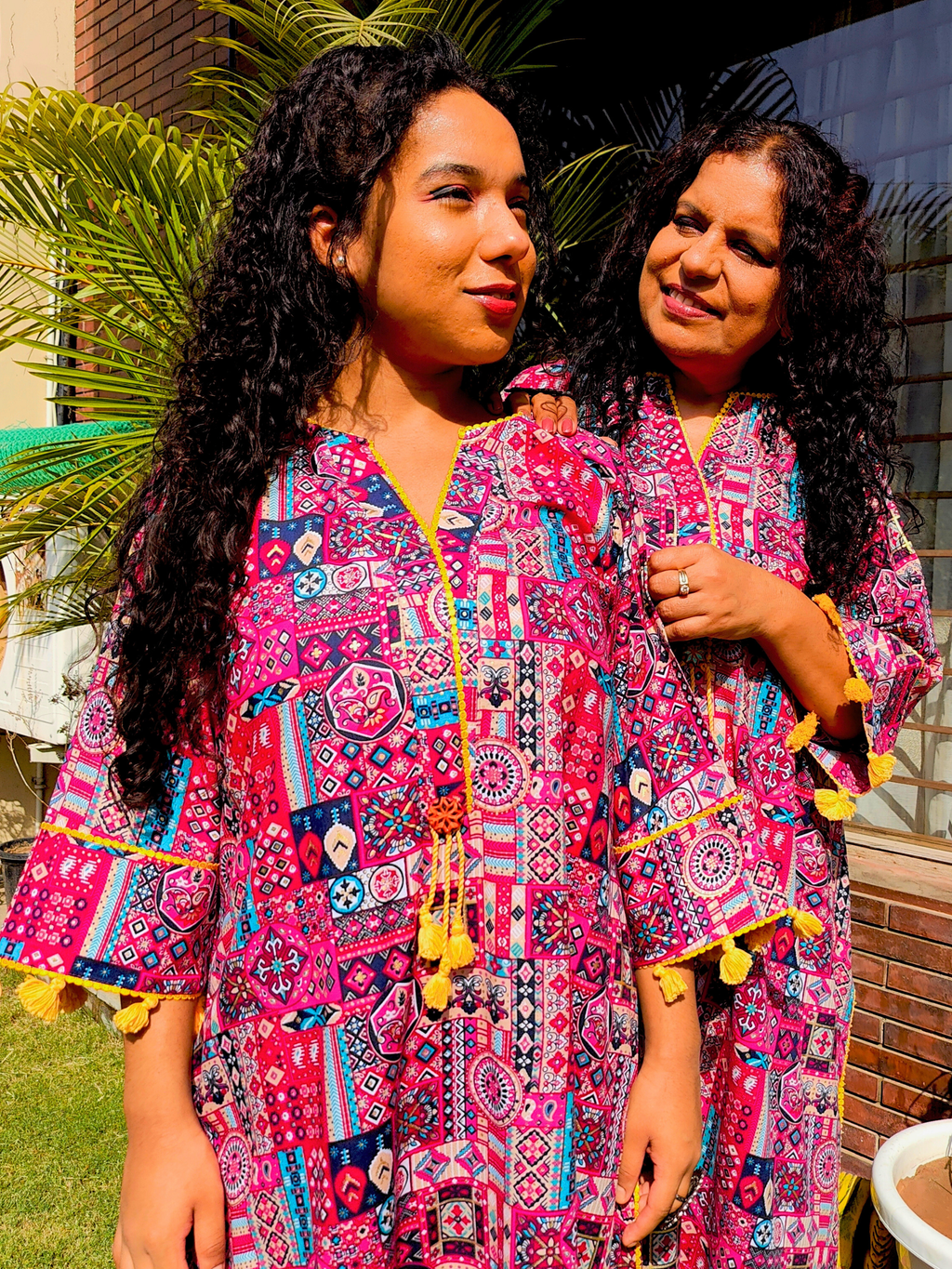 Multi-coloured yellow Lace Cotton Stitched Co-Ord Set