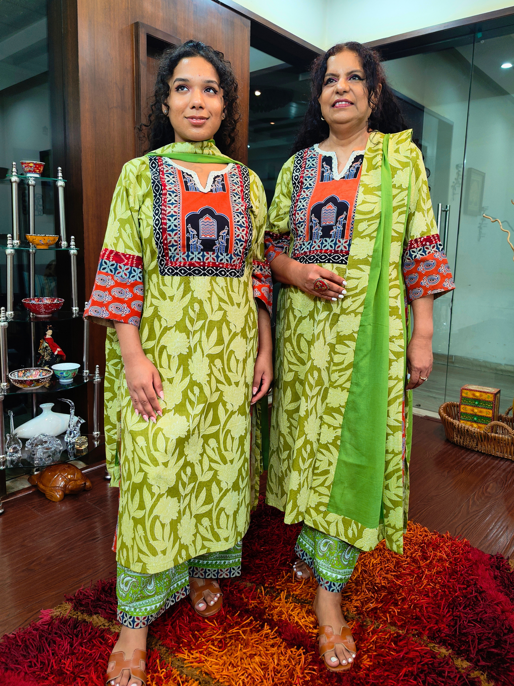 Green Handblock Kalamkari Cotton Stitched Suit Set