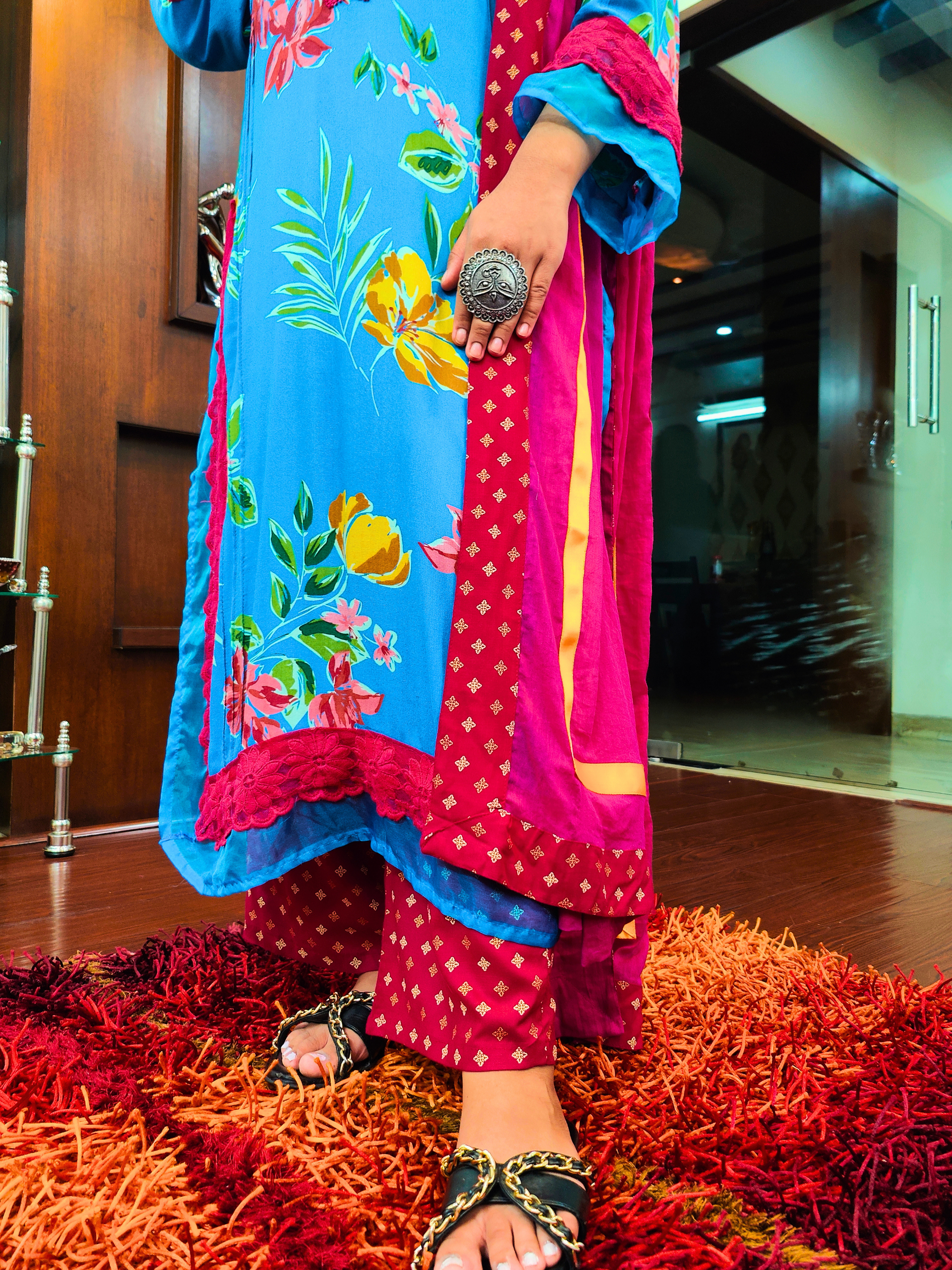 Sky Blue Magenta Floral Lace Cotton Stitched Suit Set