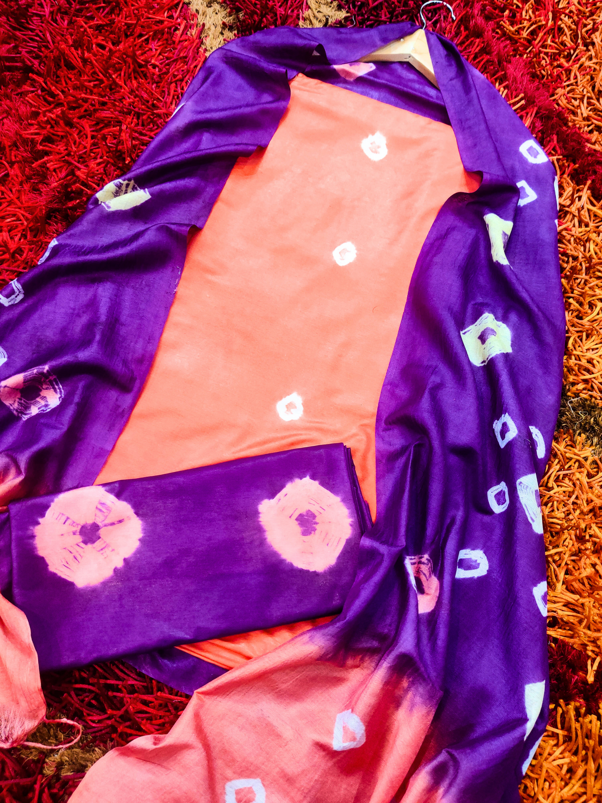 Peach Bandhej Silk Cotton Unstitched Dress Material Suit Set