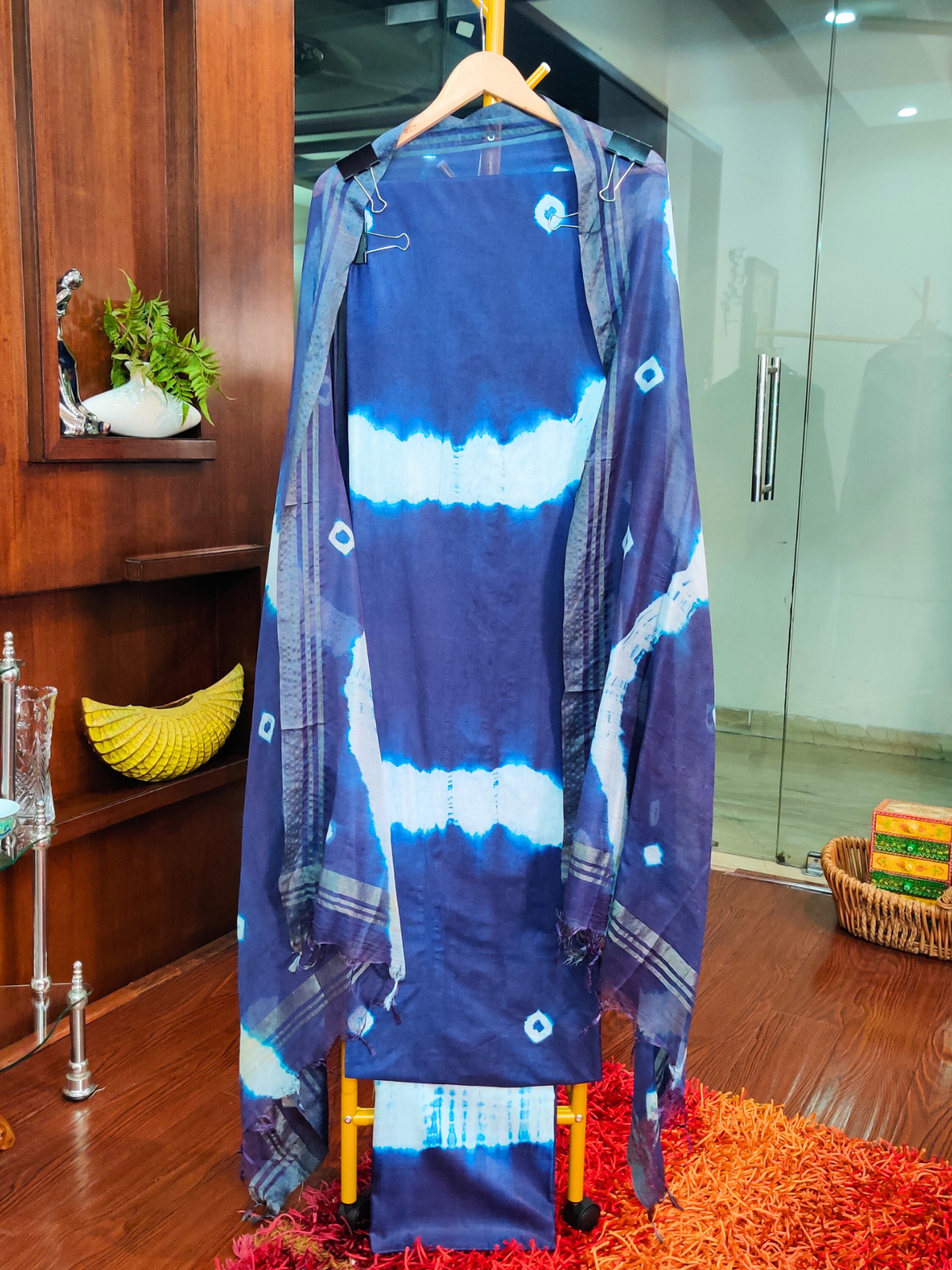Blue Tie Dye Bandhej Unstitched Dress Material Suit Set