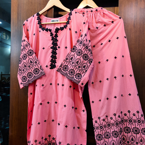 Peach Black Embroidered Cotton Stitched Co-Ord Set