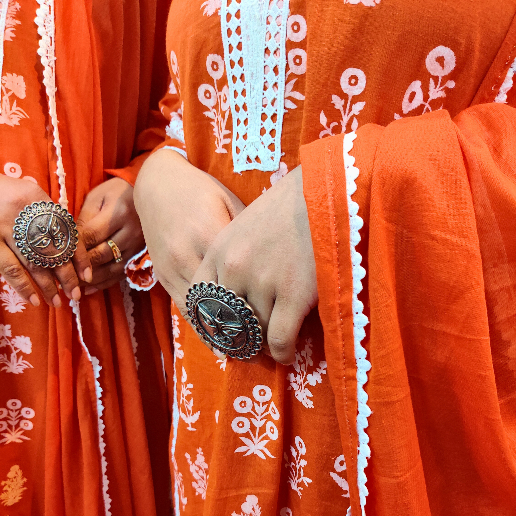 Stitched Orange Cotton Handblock Adorned with Elegant White Lace Suit Set