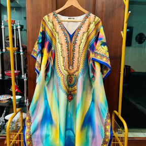 Lime Green Digital Printed Muslin Silk Stitched Kurta Kaftan