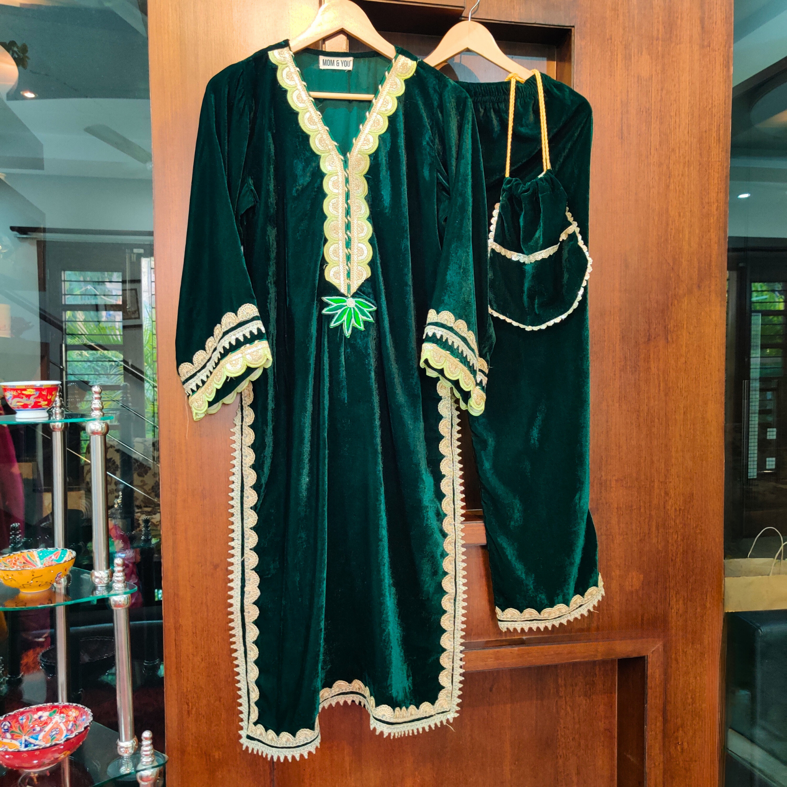 Green Velvet Light Green Gota Stitched Co-Ord Set