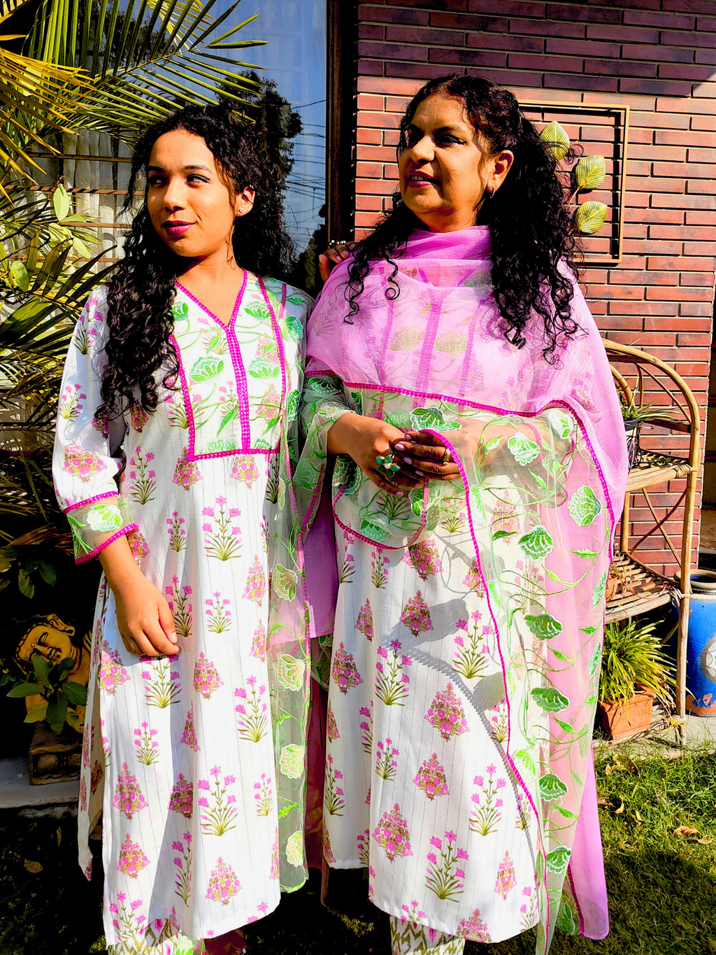 White Digital Printed Green Floral Lace Stitched Suit Set